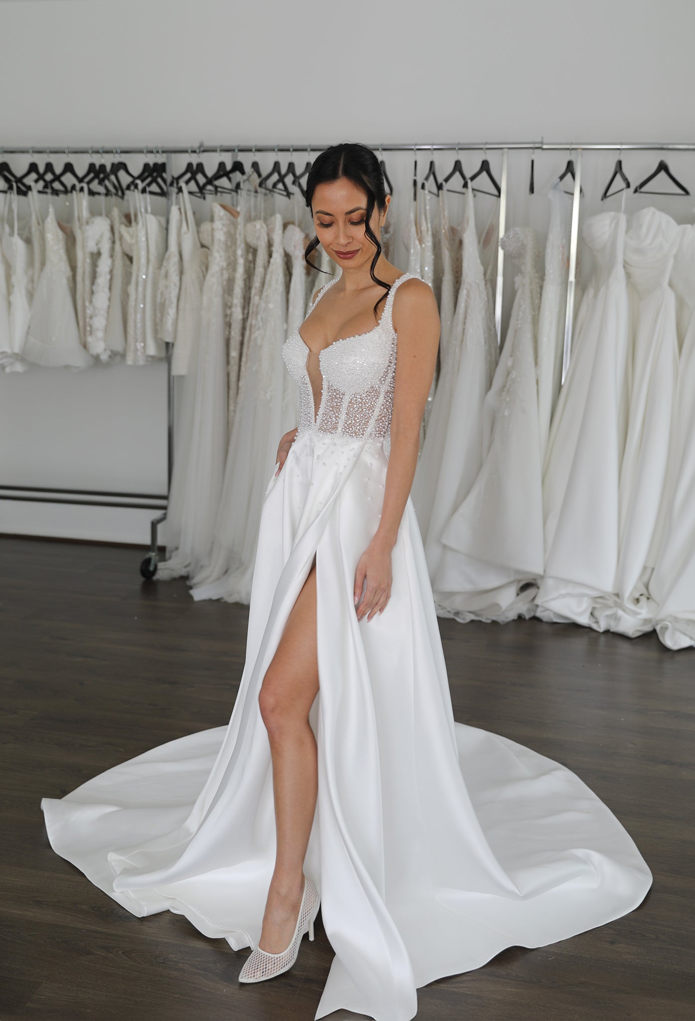 v-neck pearl wedding dress with mikado skirt