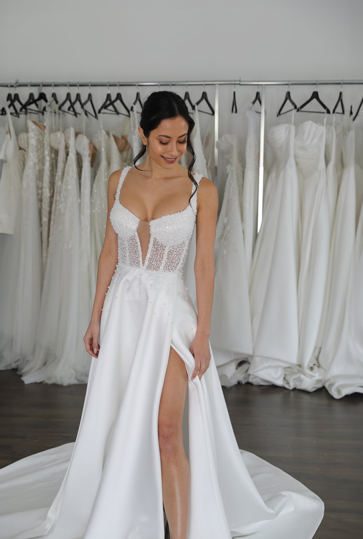 v-neck wedding dress with straps and pearl beads