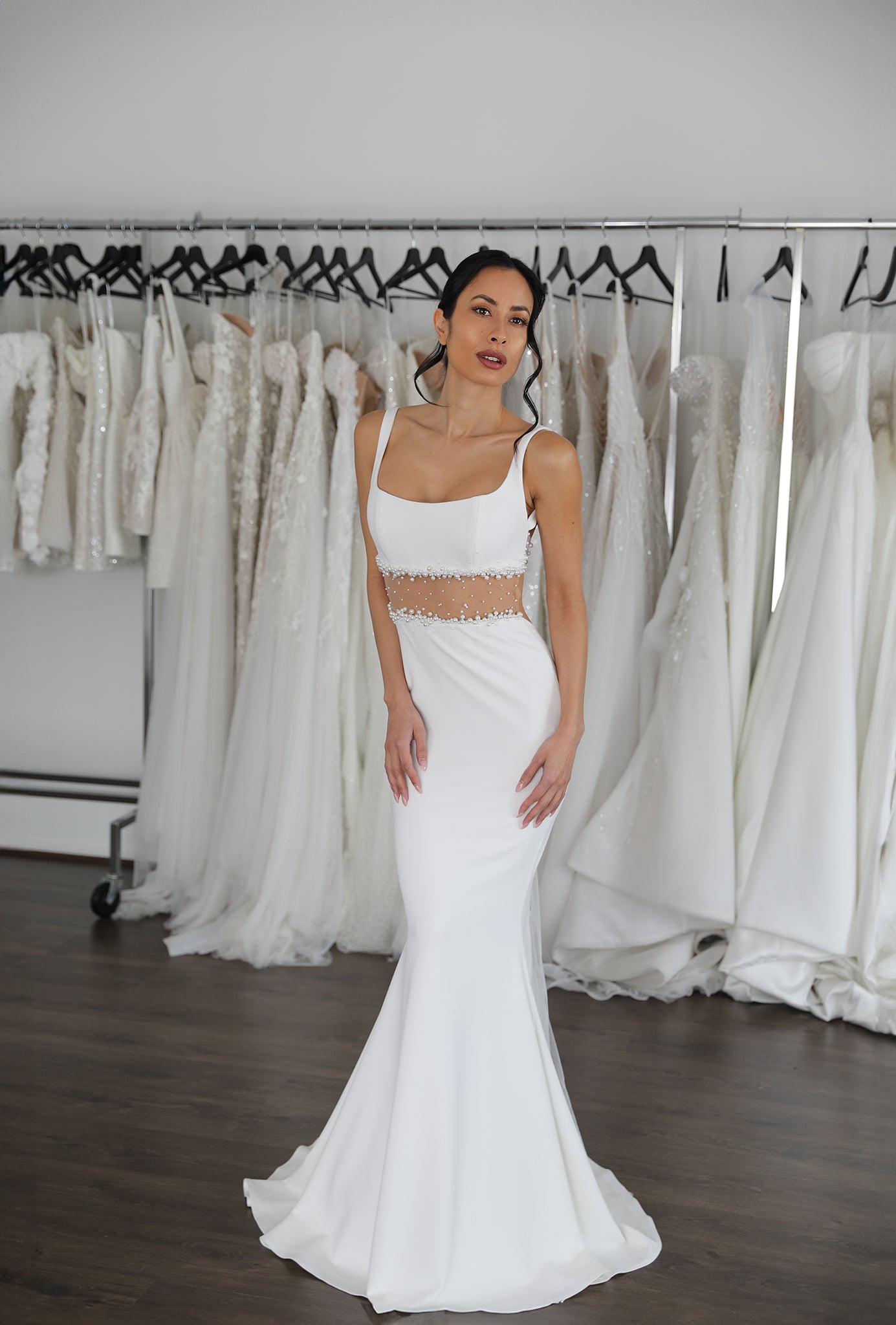 wedding dress made from crepe fabric with pearls