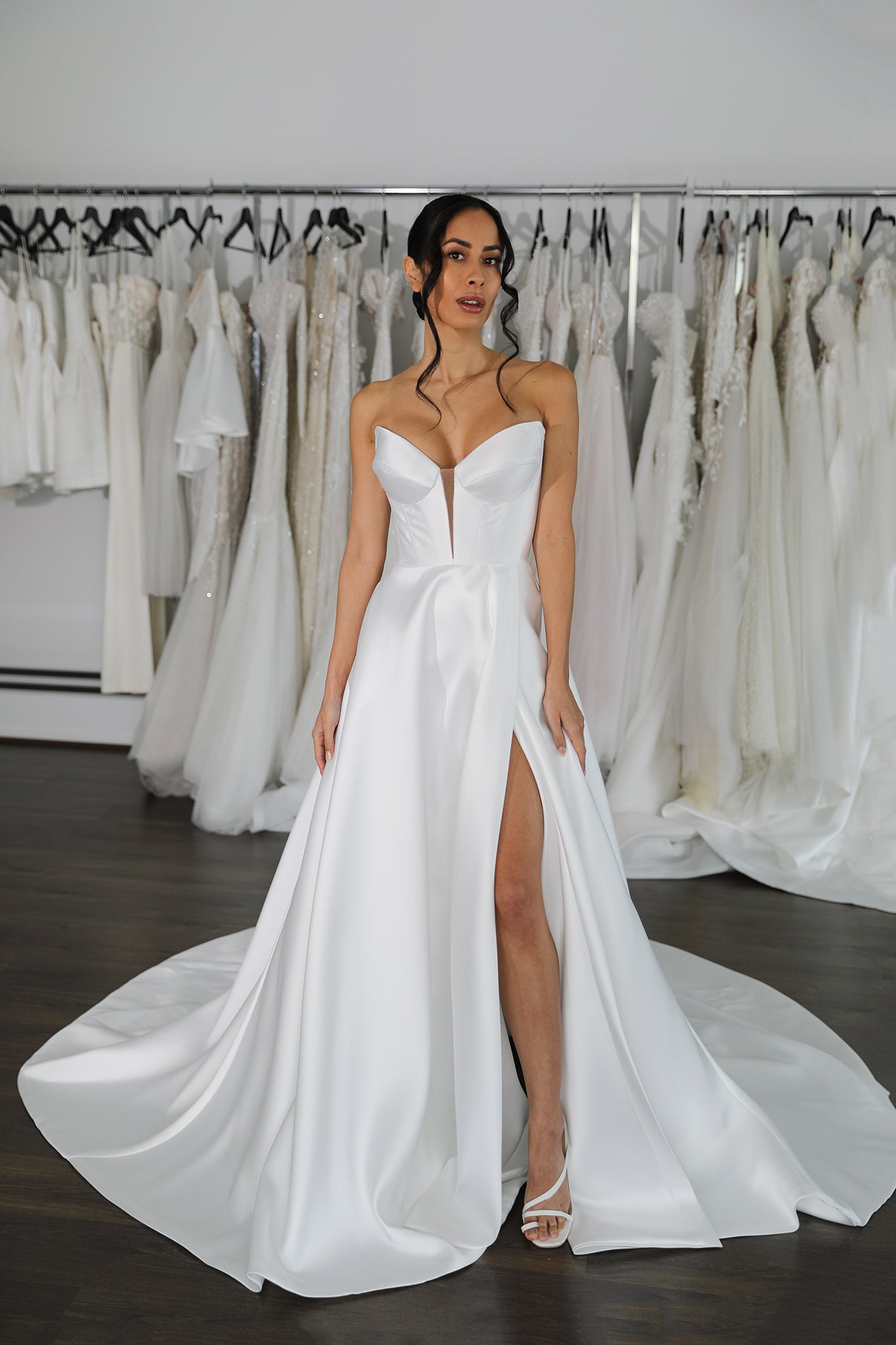 wedding dress with high split and v-neckline