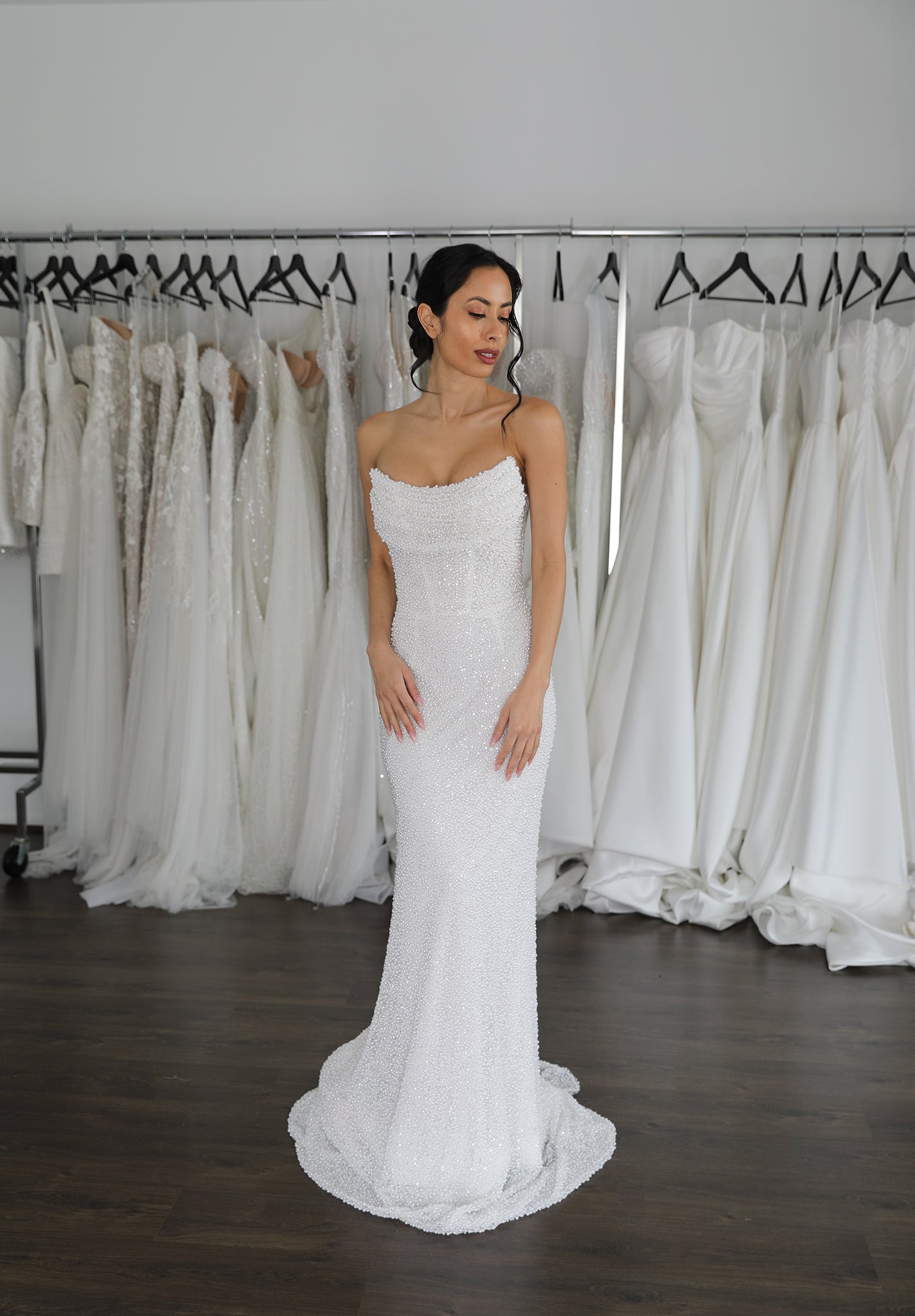wedding gown with pearl lace and short train
