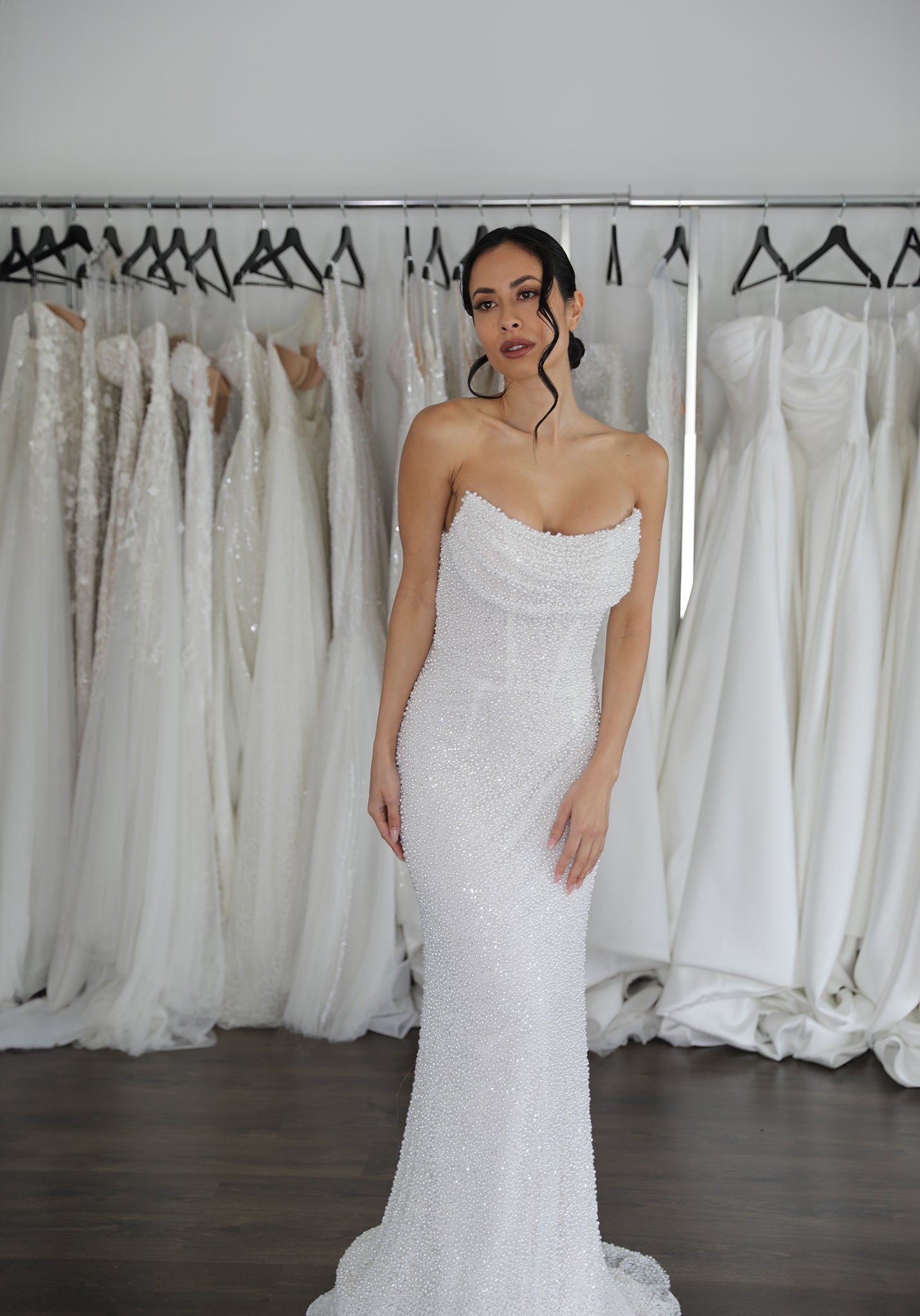 wedding gown with scoop neckline and full skirt