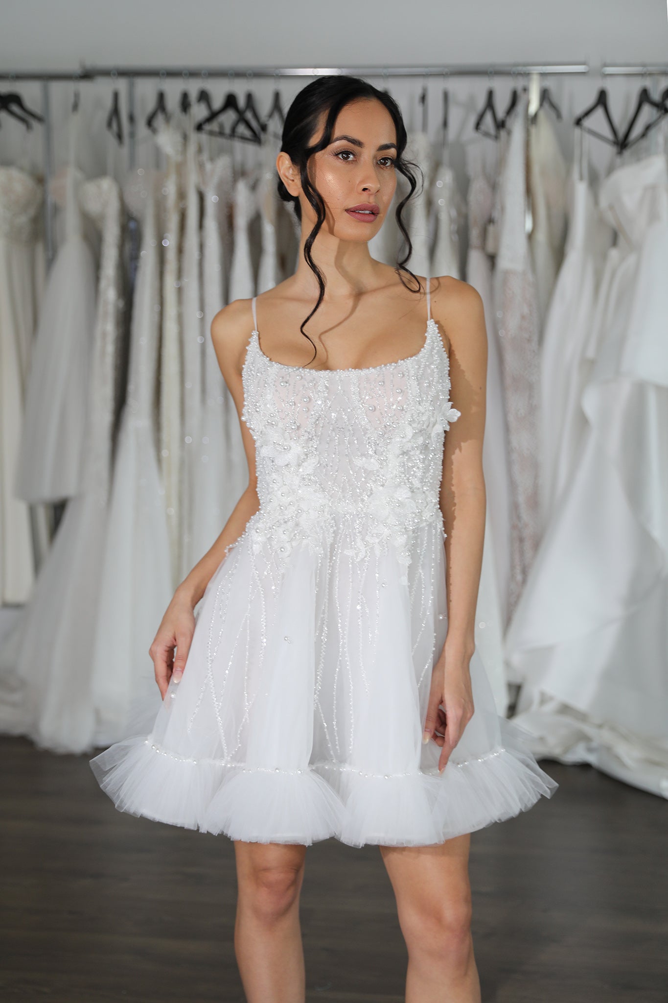 white bridal mini with pearls and flowers