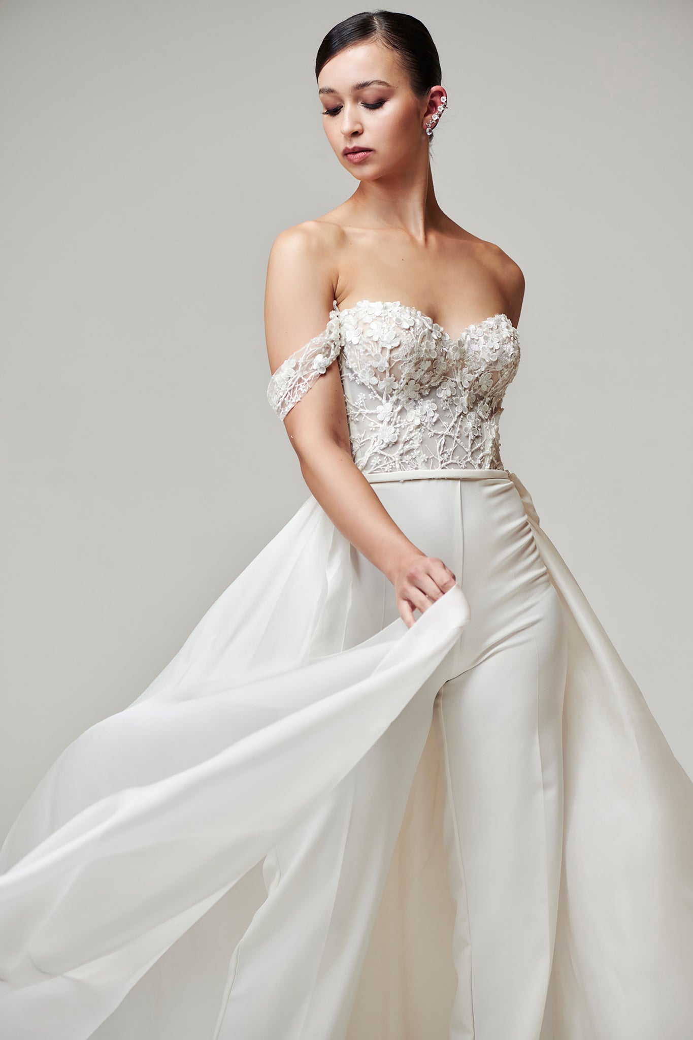 white bridal pants and floral corset top