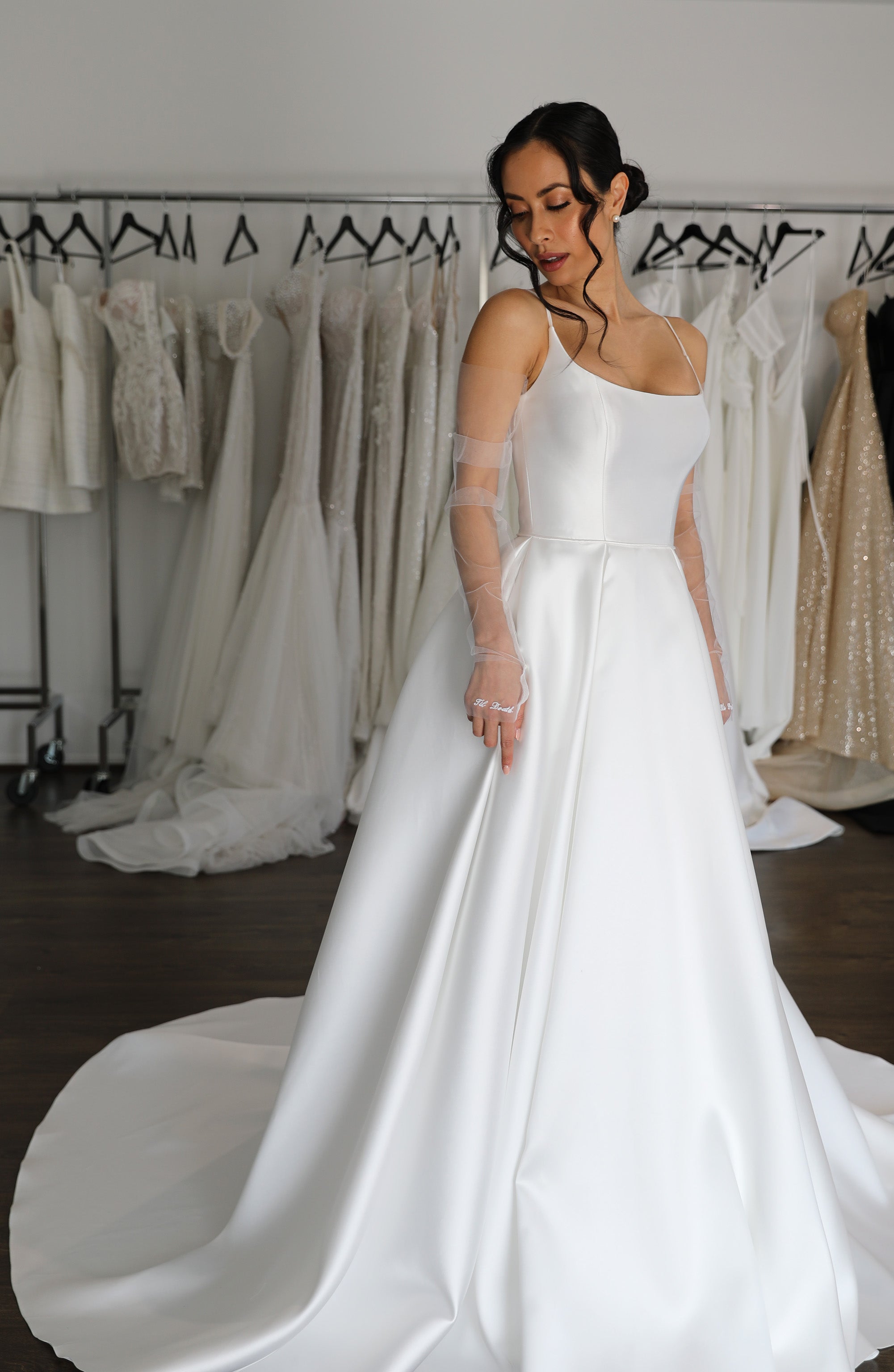 white mikado ball gown with tulle gloves