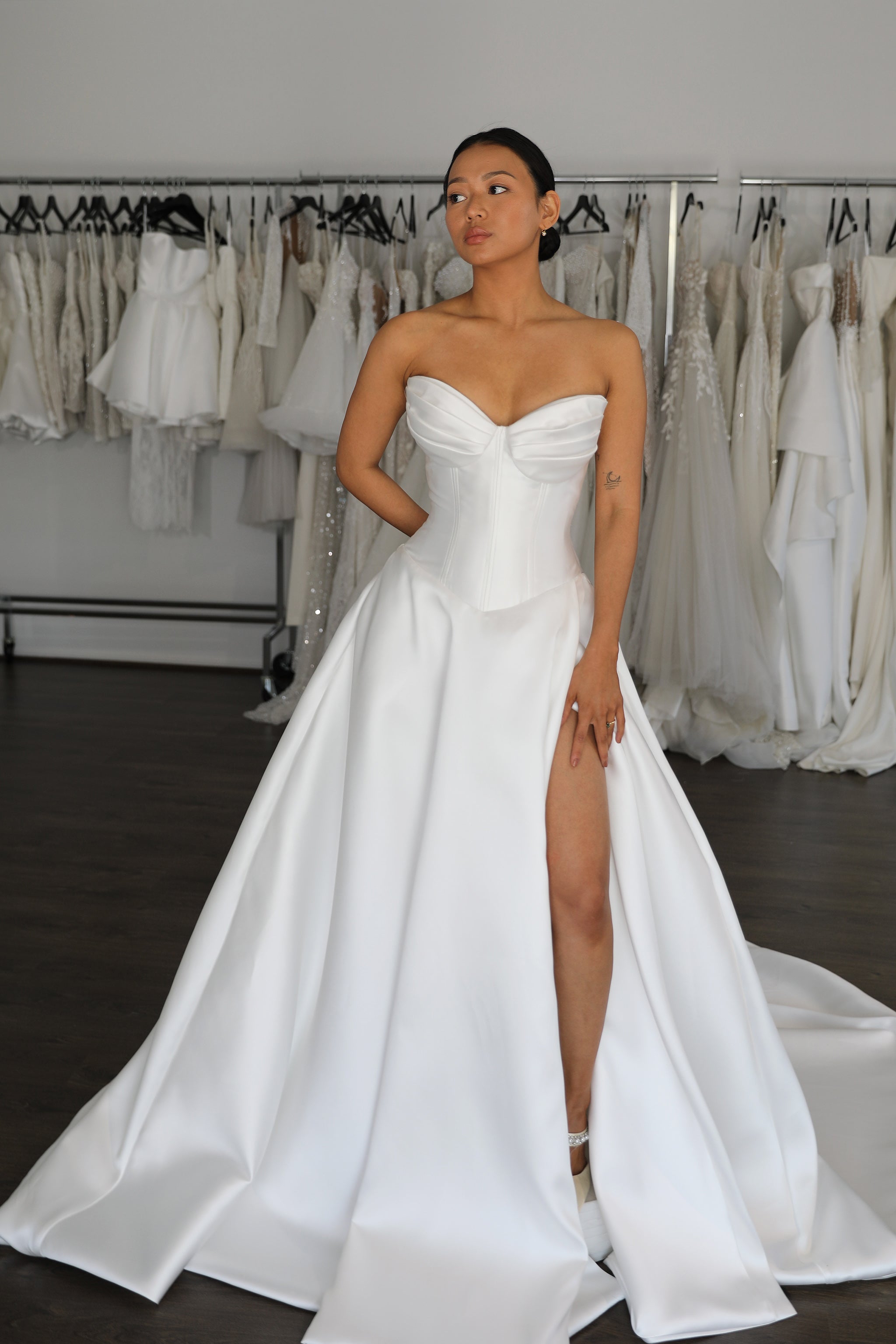 white mikado drop waist wedding gown