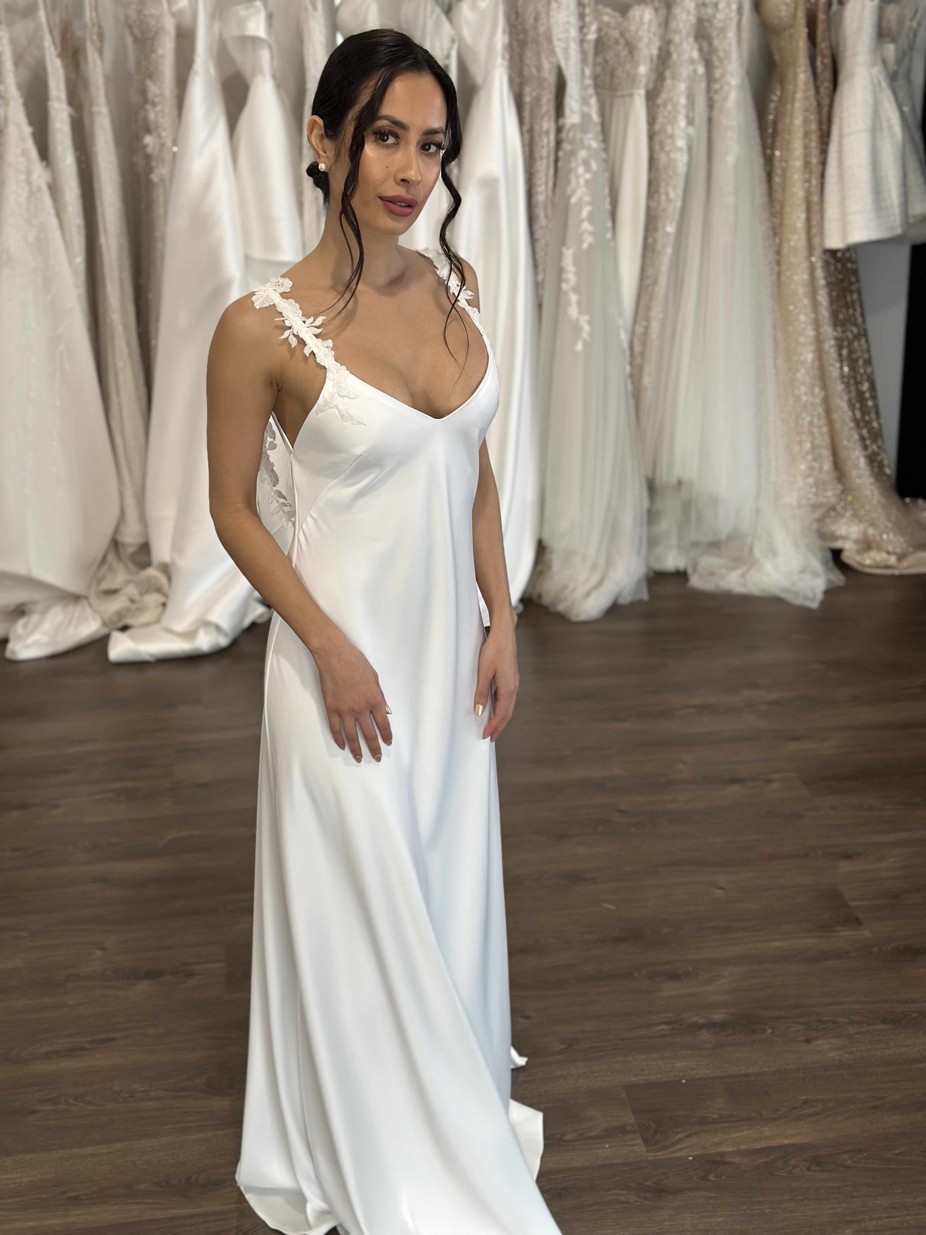 white slip dress with floral lace straps