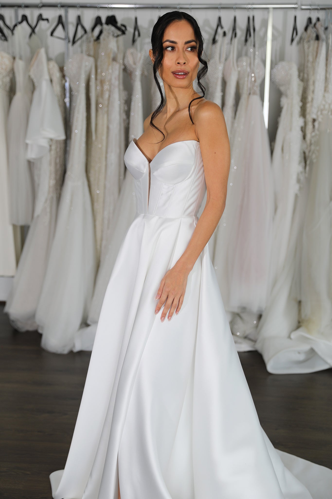 woman in white mikado strapless wedding dress