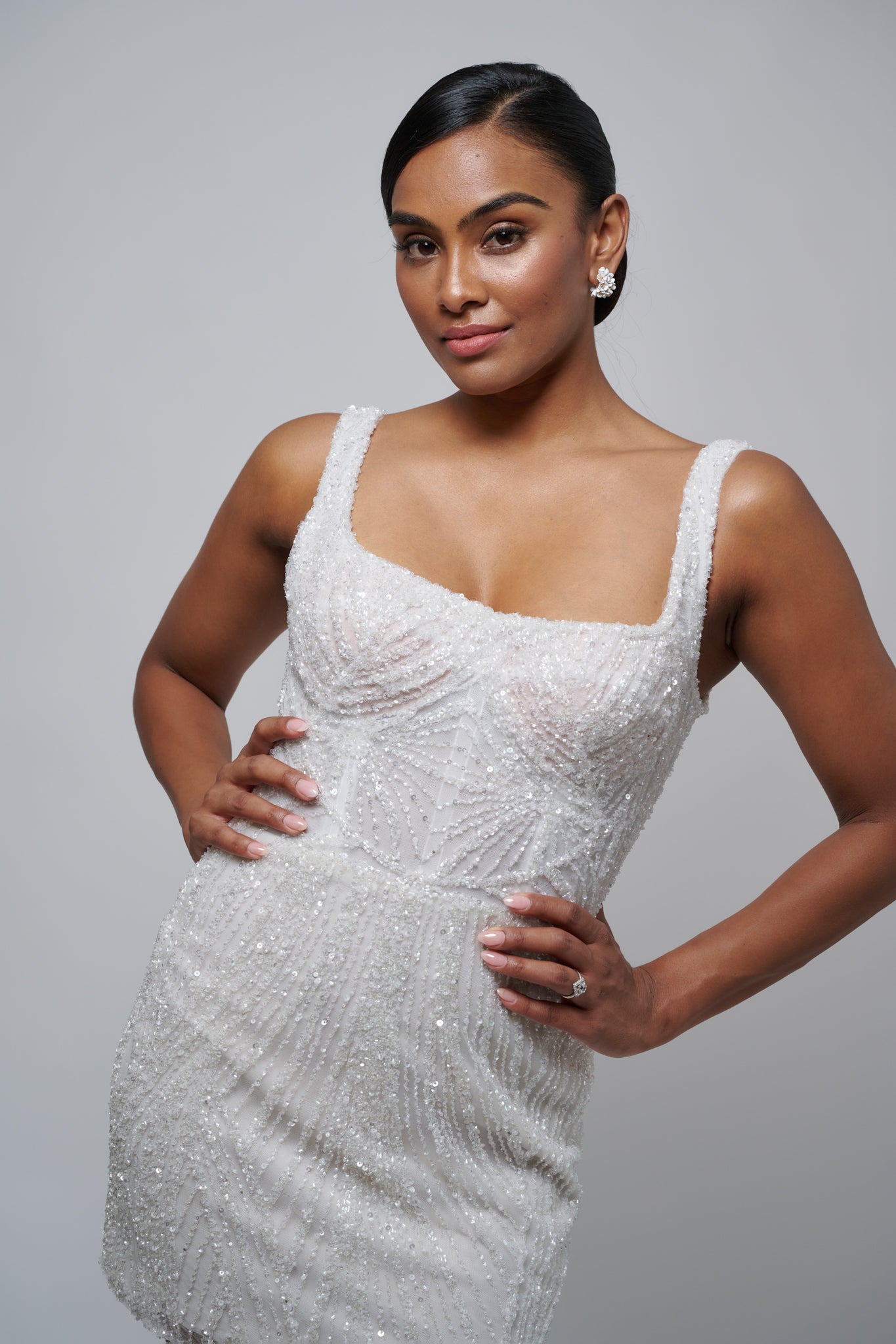 bridal mini dress with sparkle lace and U-neck design
