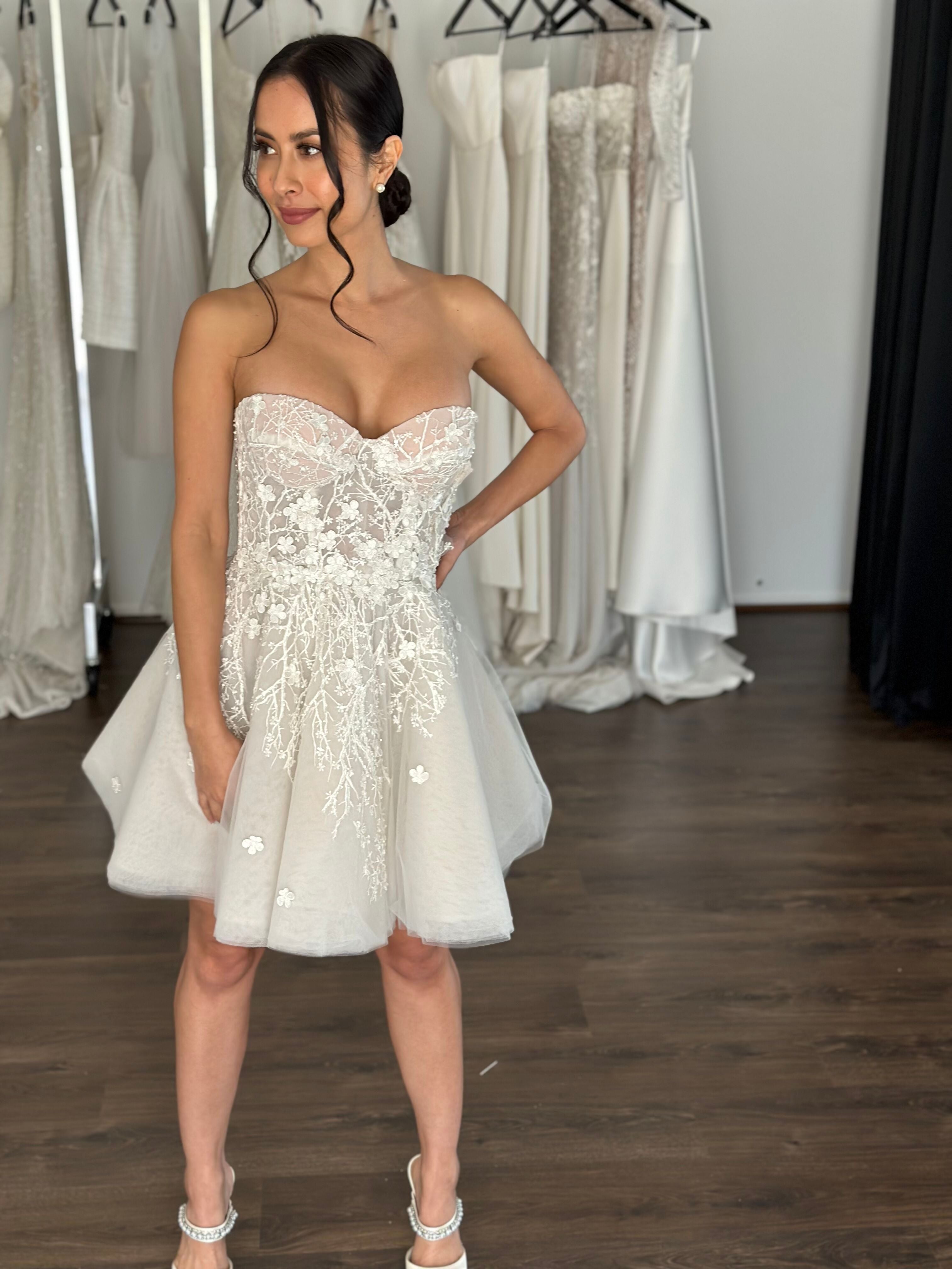 Puff Sleeve Satin Mini Wedding Dress – Velo Bianco