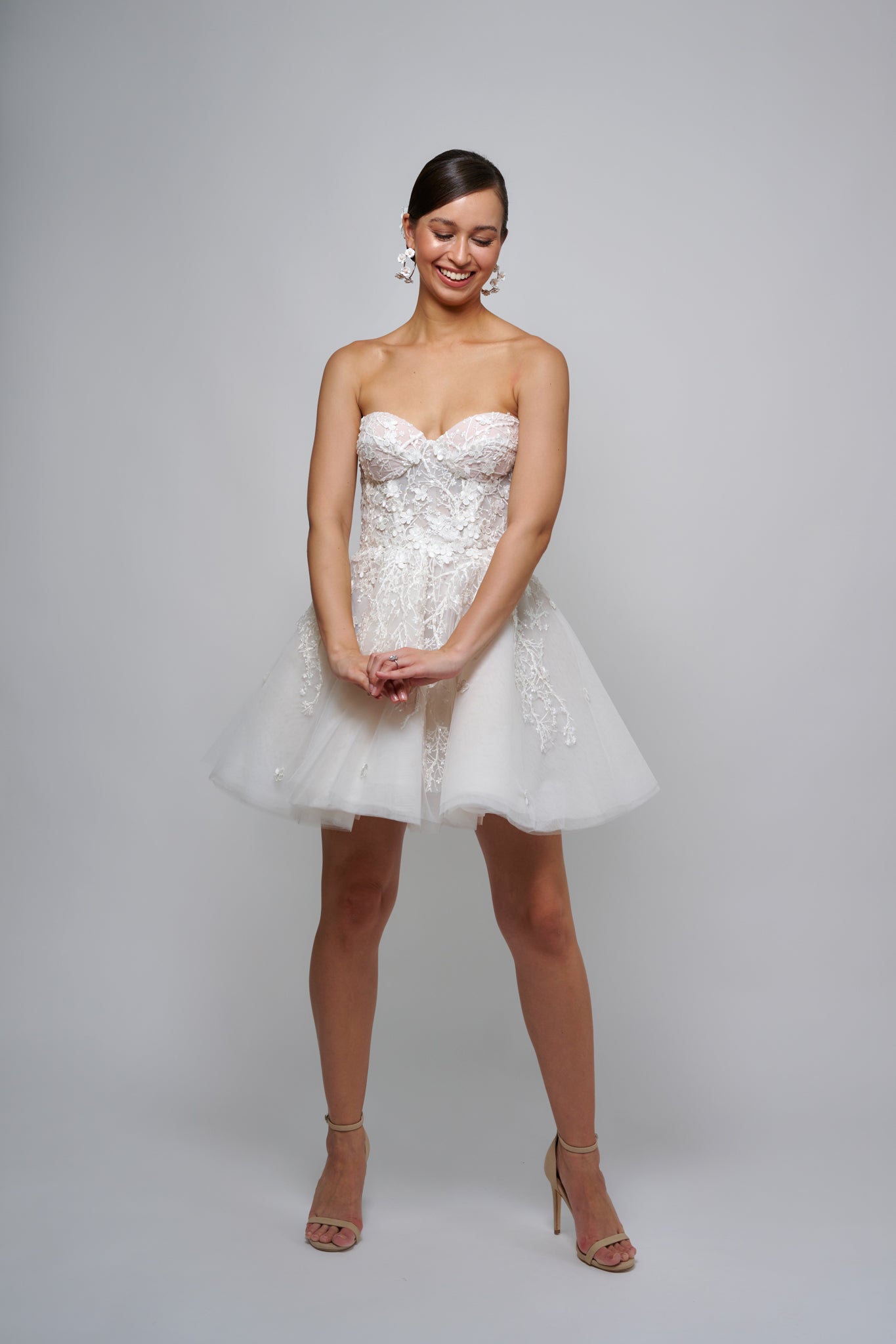 cherry blossom lace sweetheart style mini reception dress on model at Brisbane studio