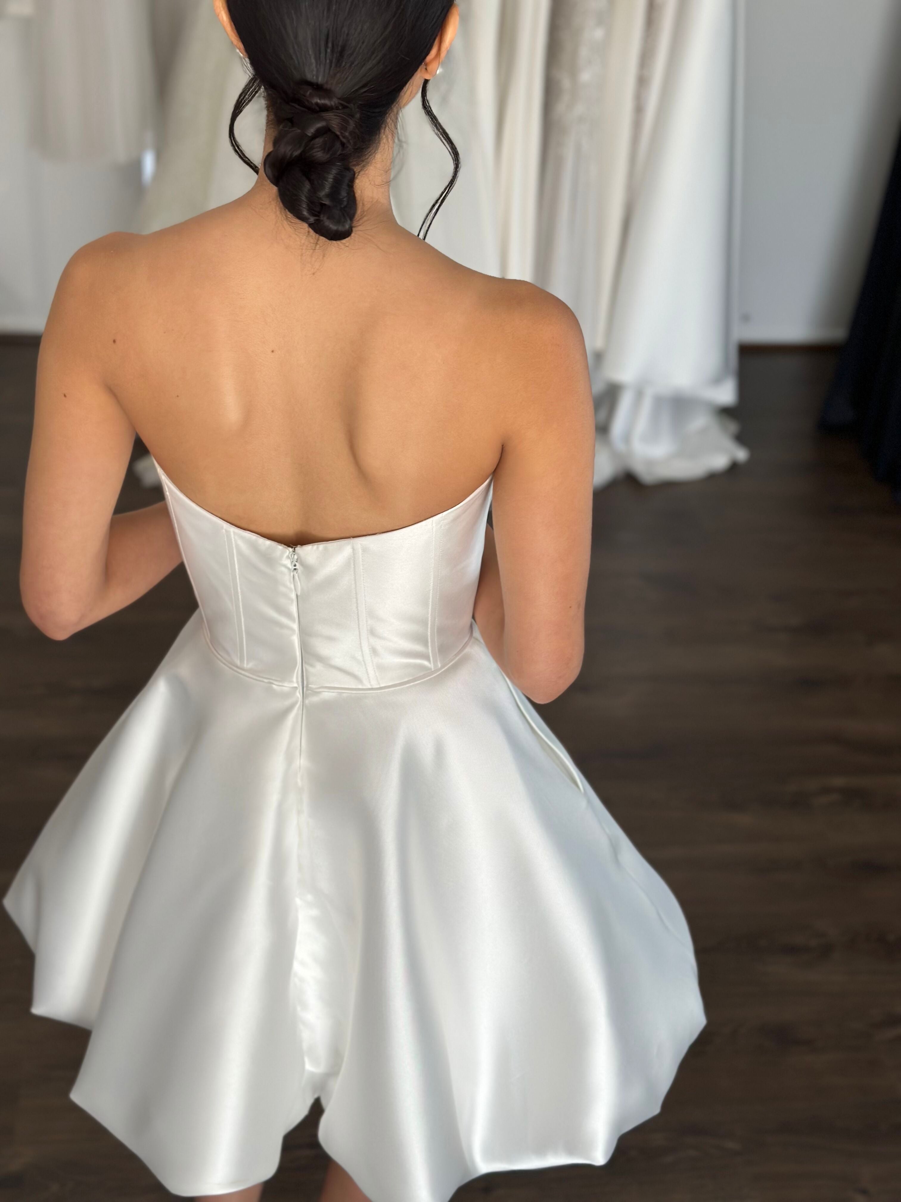 low cut back white mikado wedding mini