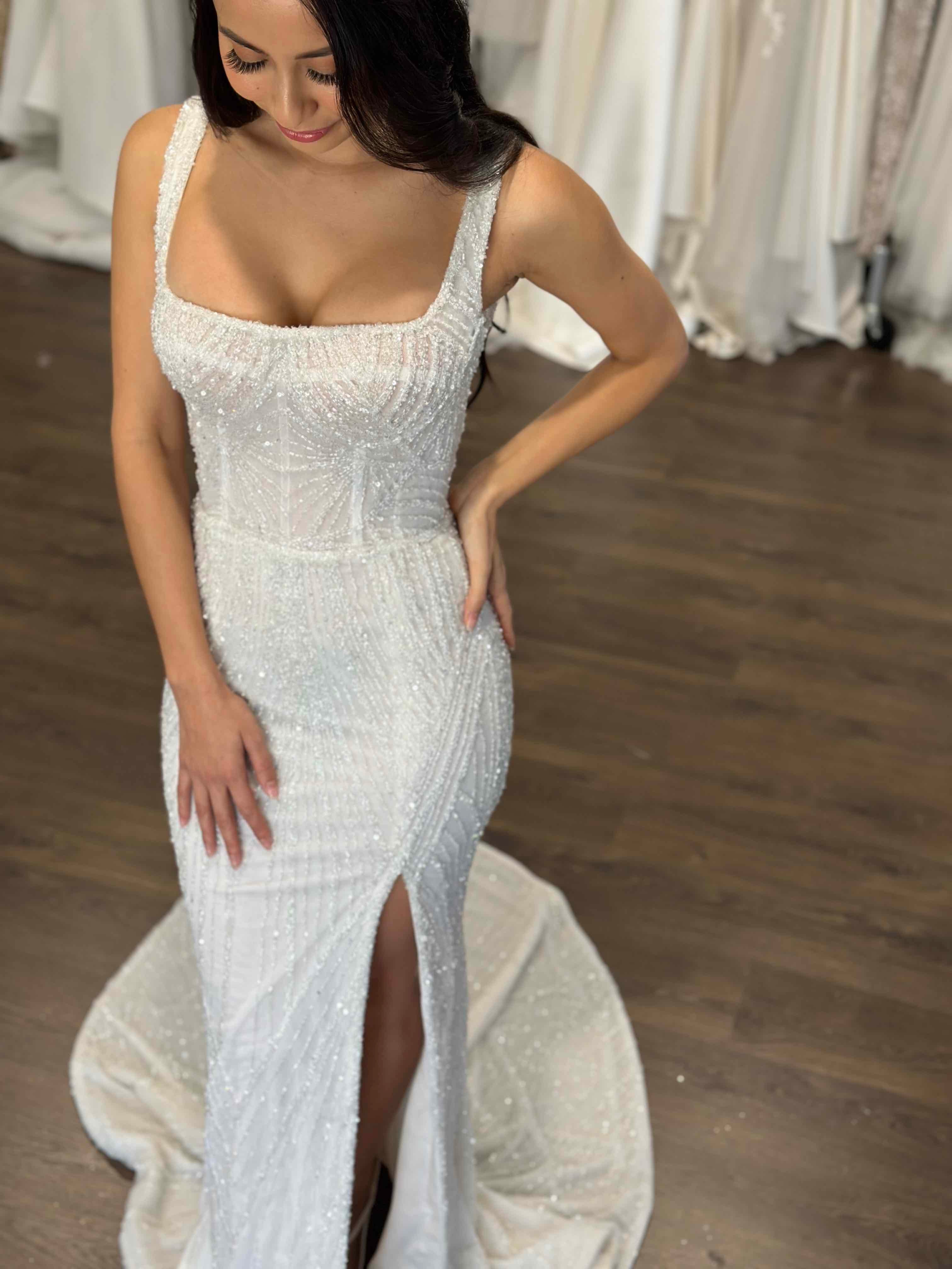 thigh high split on beaded lace u-neck wedding dress