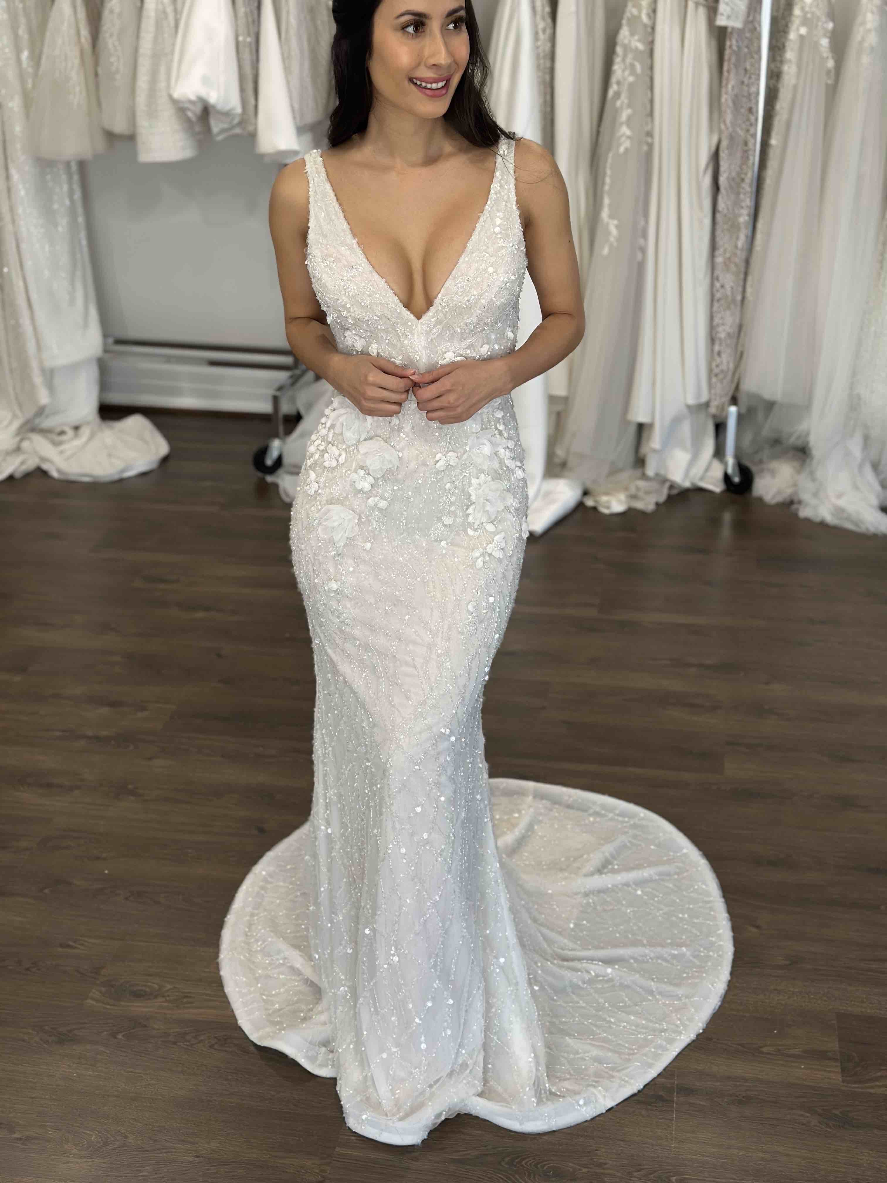 woman in sparkling lace wedding dress at Brisbane studio