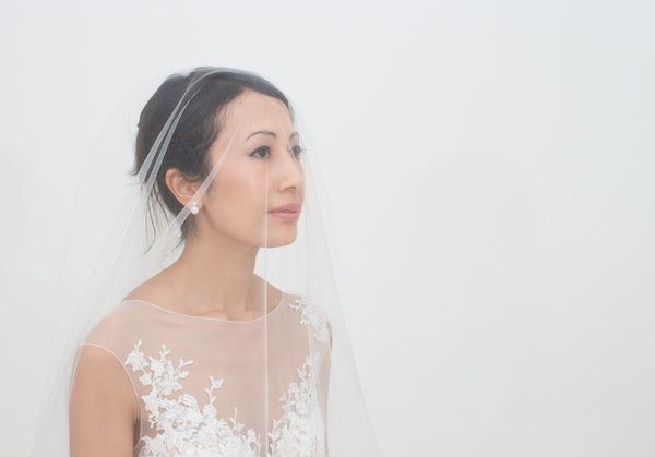 bride wearing white lace wedding dress and veil over her face