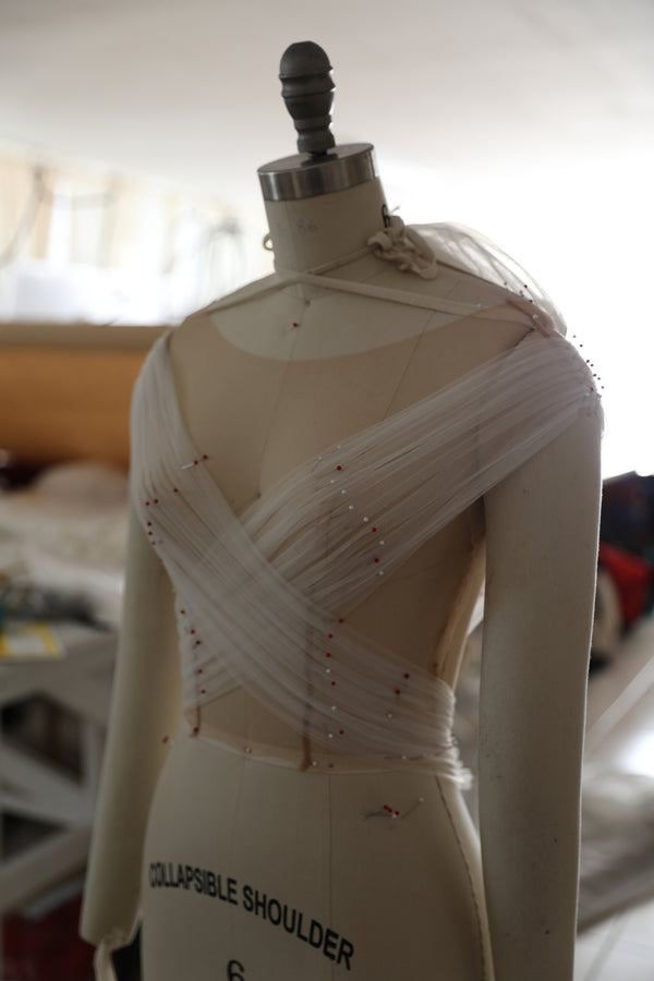 draped fabric on dress form inside Brisbane bridal studio