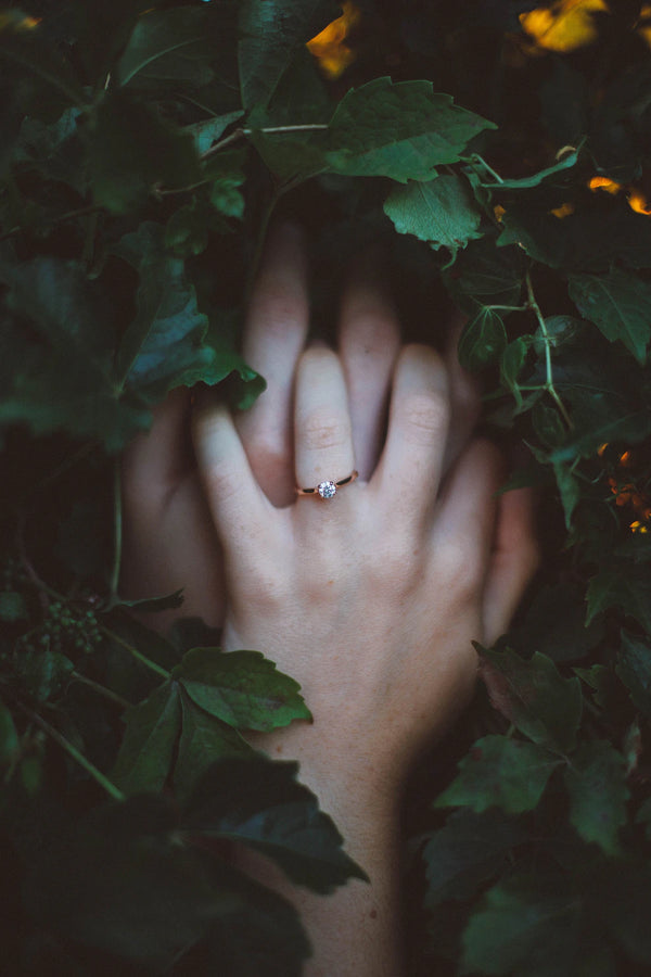 husband and wife holding hands with wedding ring on finger surrounded by trees and leaves