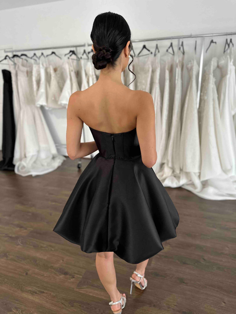 back details on black formal mini dress