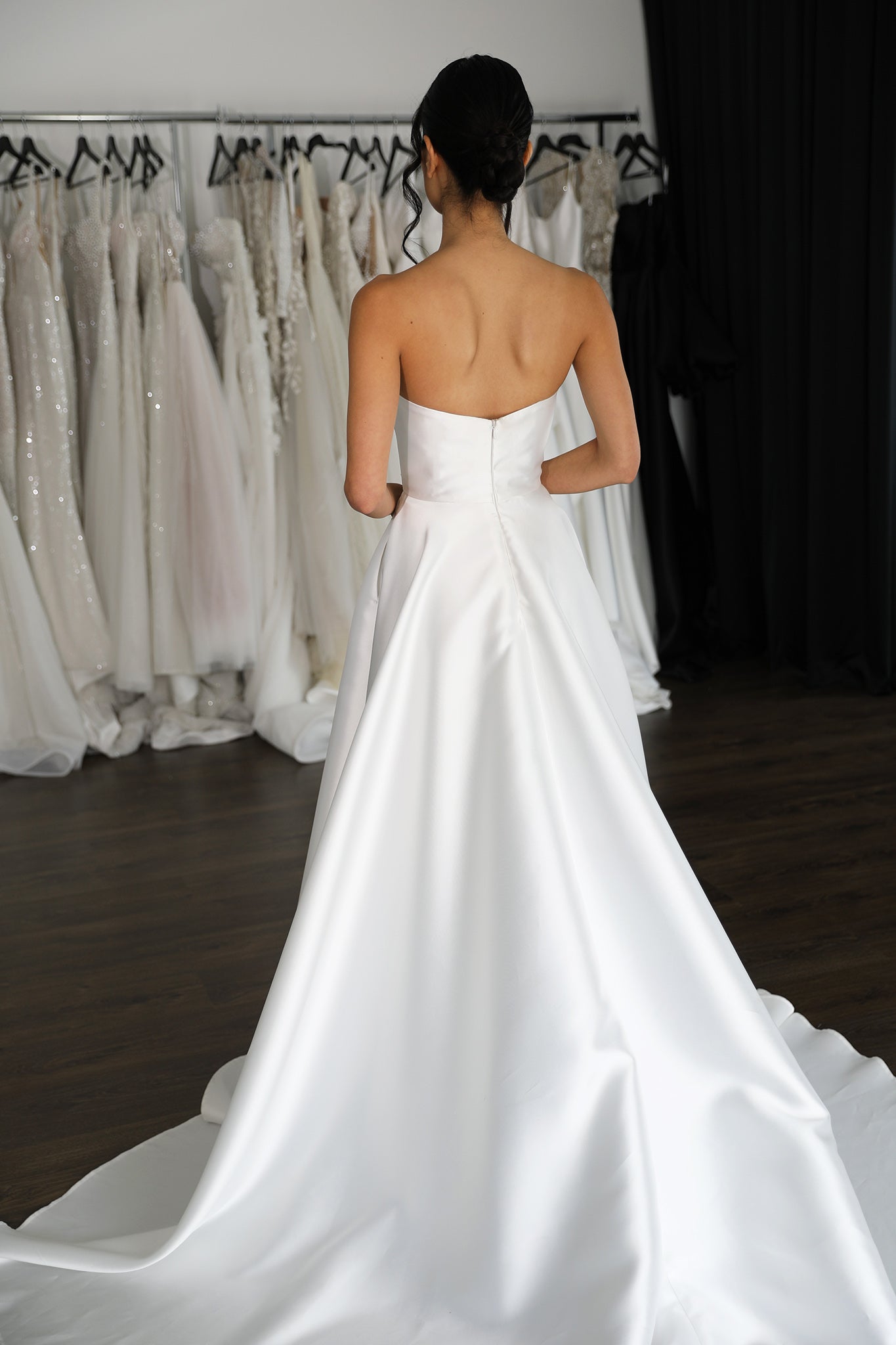 back details on mikado wedding gown with large train