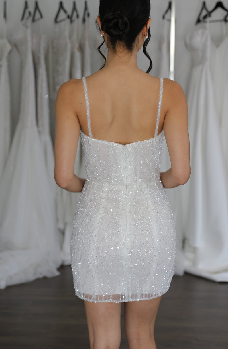 back of thin strap bridal mini dress