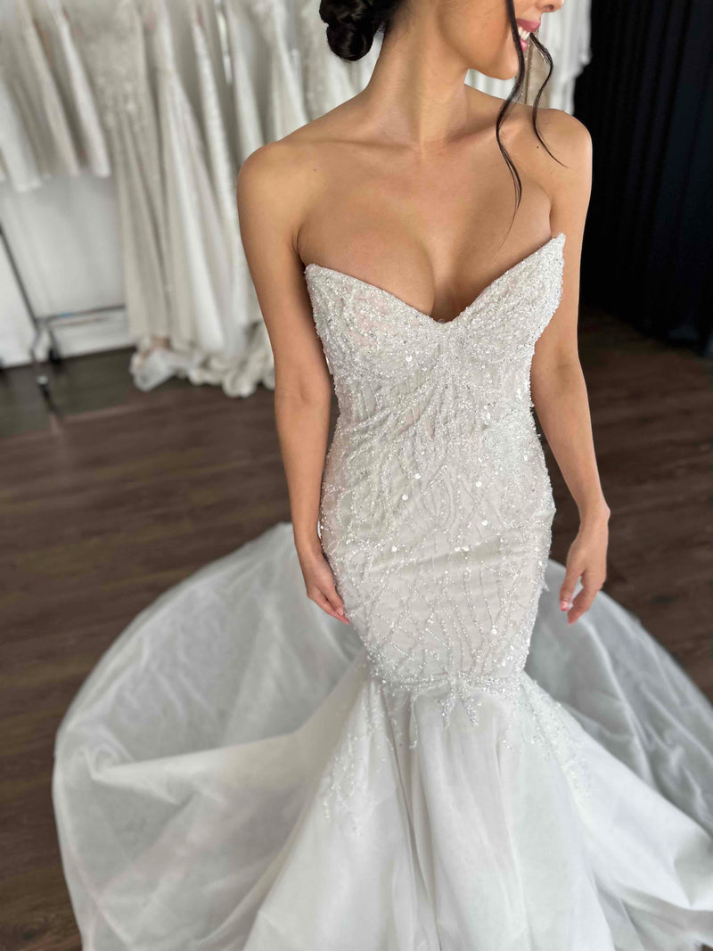 beaded lace wedding dress with sweetheart neckline