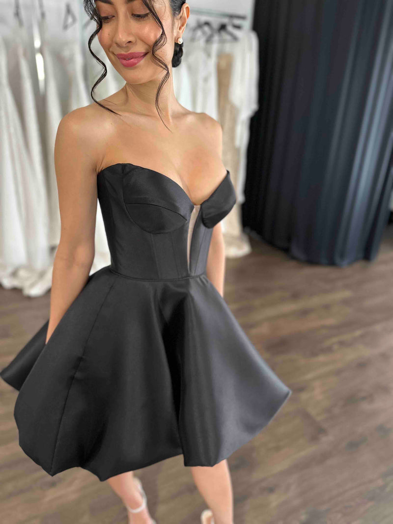 black gown with corset and bubble hem