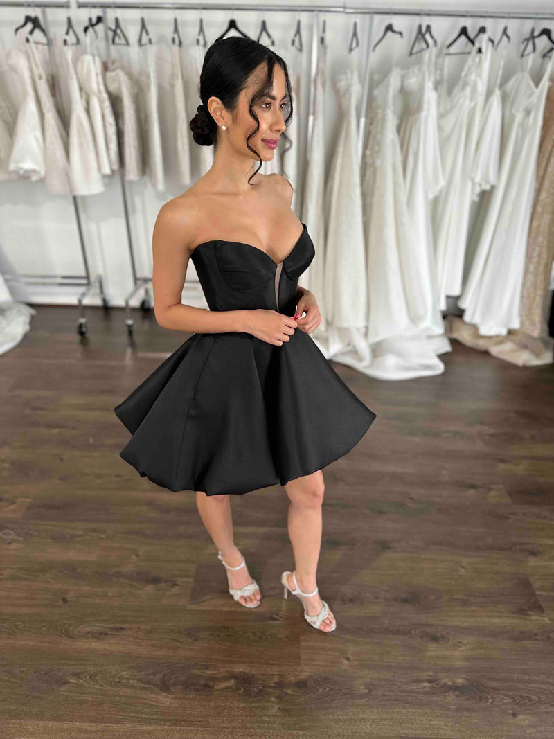 black strapless gown with bubble hem