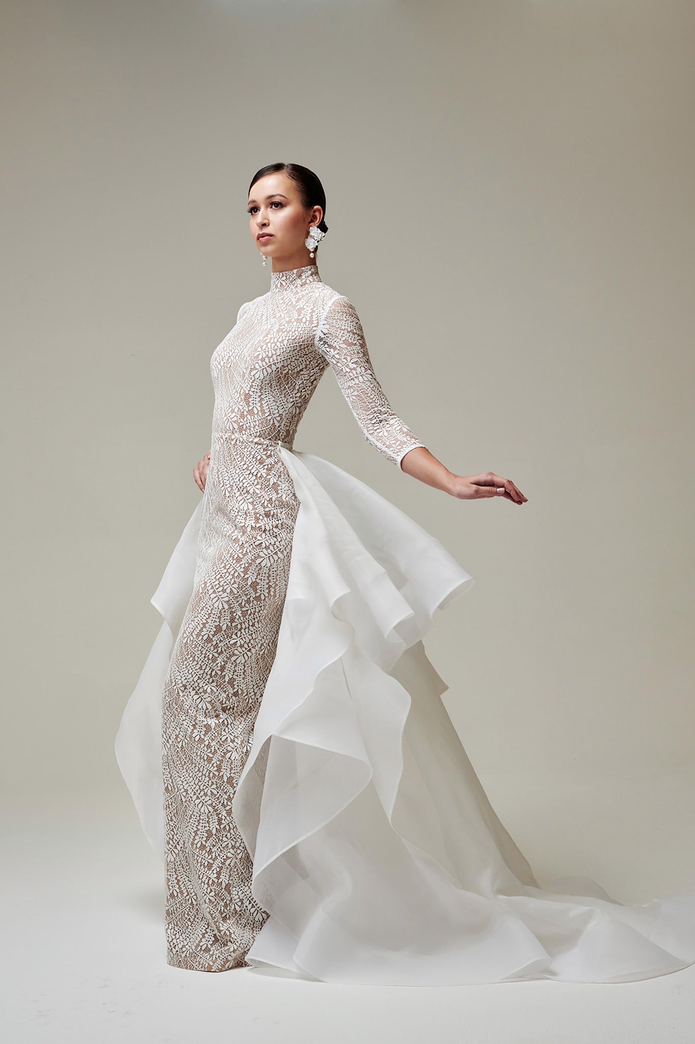 bridal gown with cascading half skirt