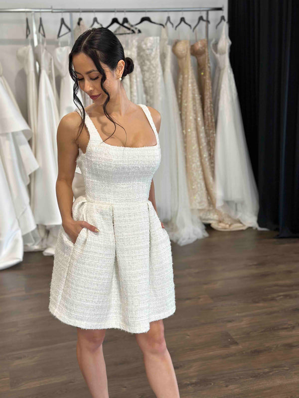 bridal mini dress worn by model