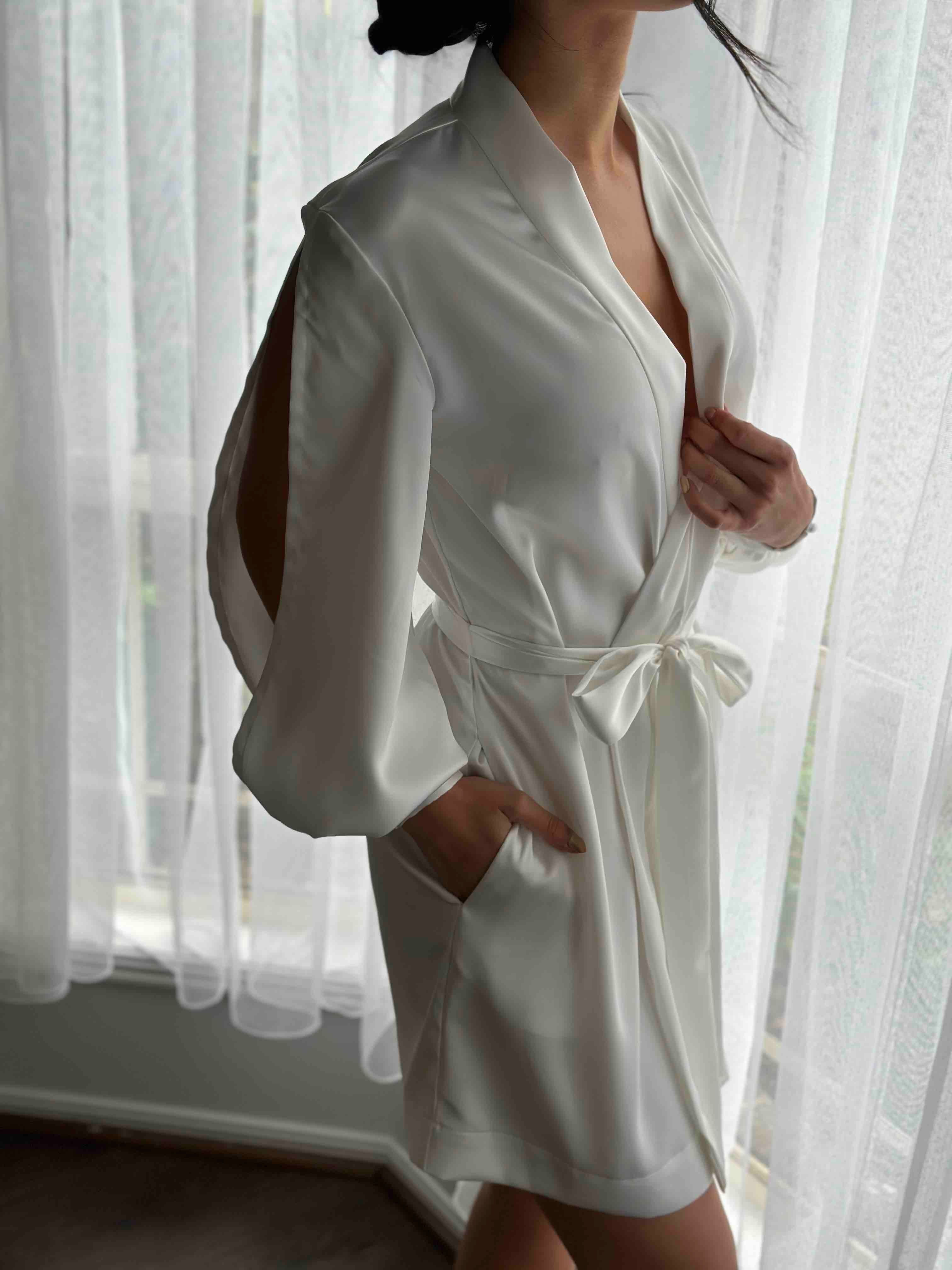 bridal robe at knee length with arm splits