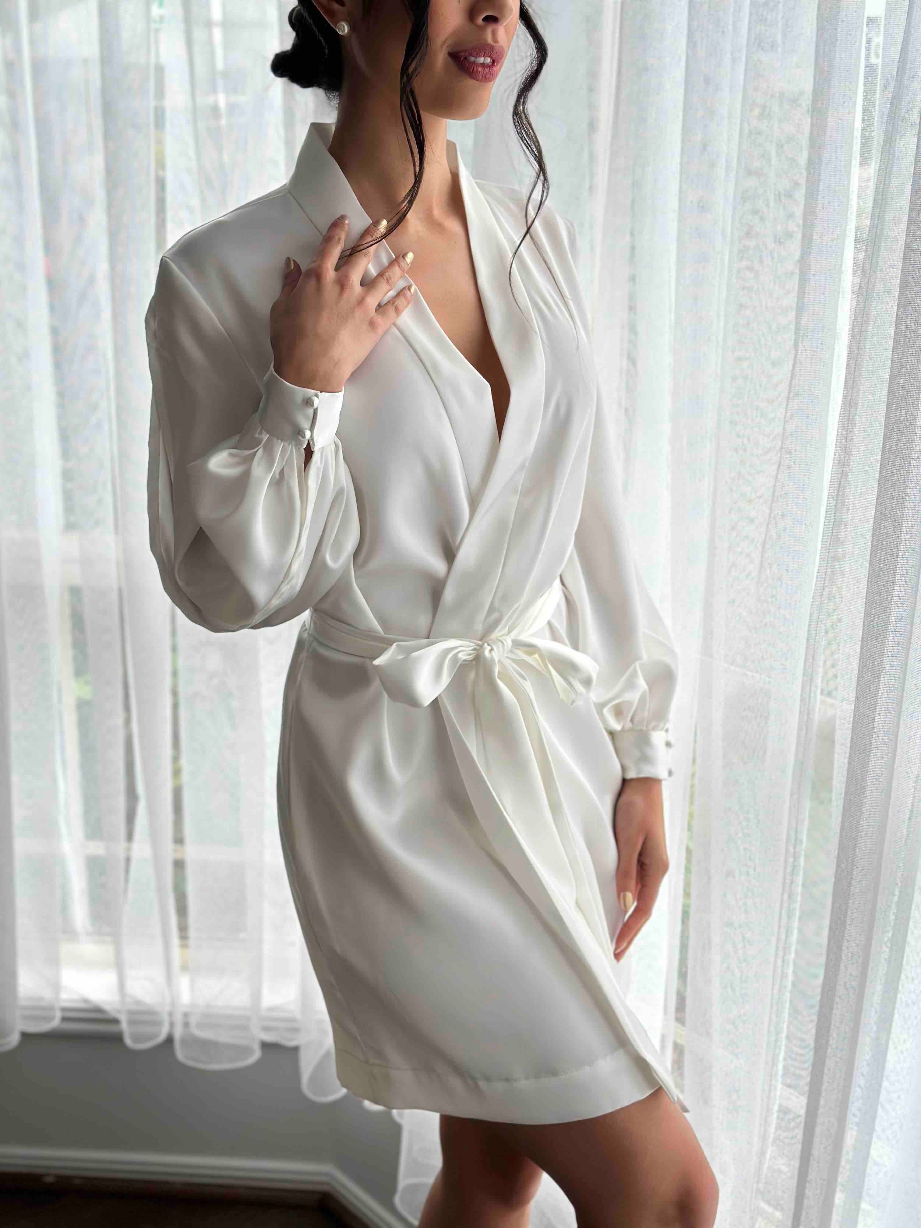 Short Formal Robe Short Bridal Robe With Sleeves | Lauren Slit Sleeve Wedding Day Robe ...