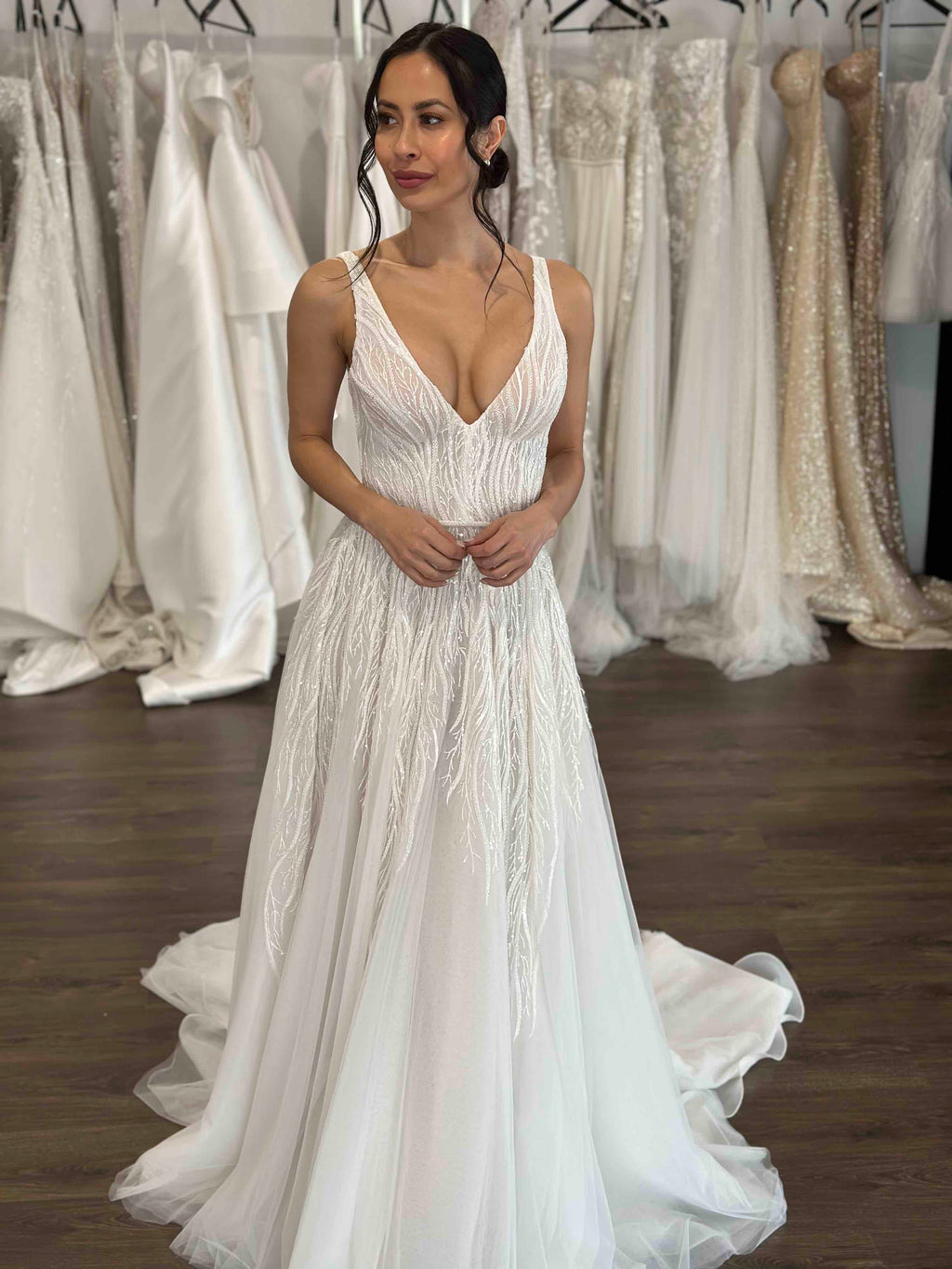 Tina  A-Line V-Neck Beaded Vine Lace Wedding Dress by Euphorie Studios