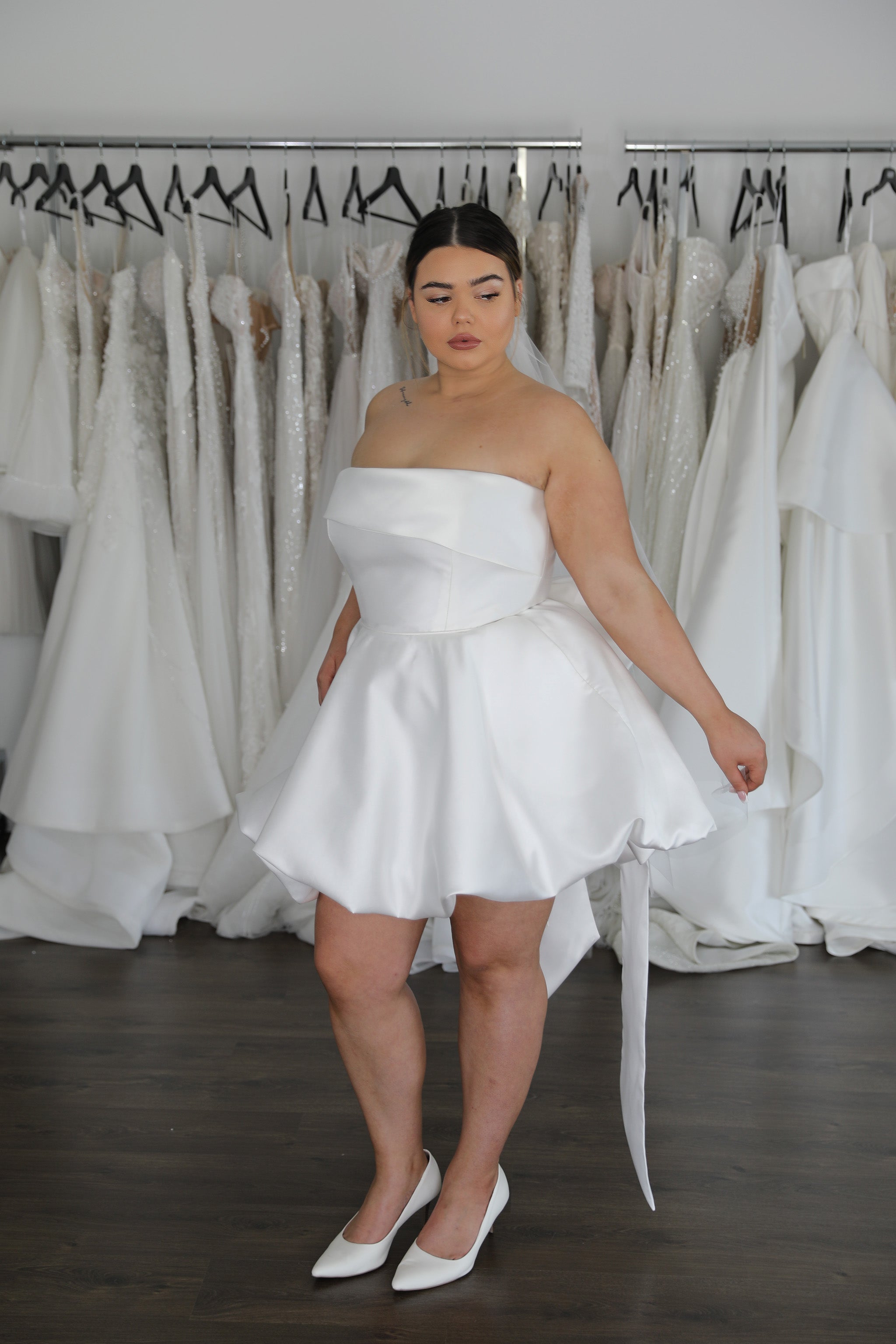 bubble hem mikado mini with strapless neckline