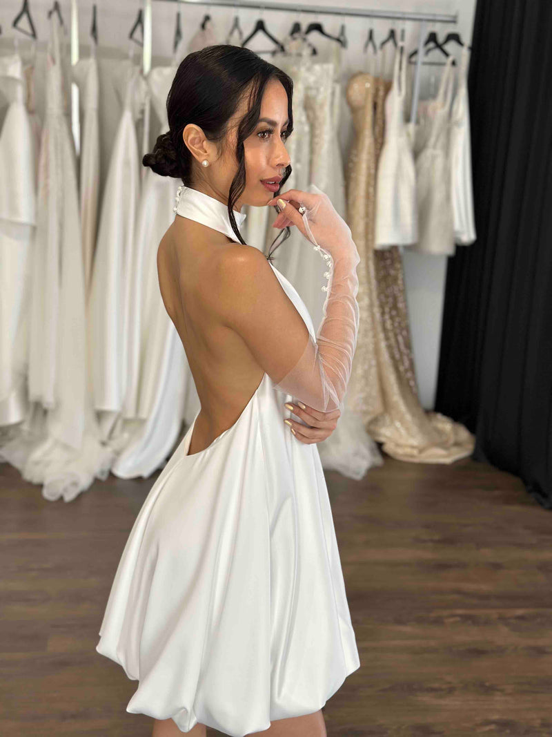 bubble hem slip dress and tulle pearl bridal gloves