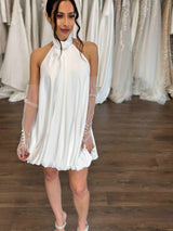 bubble hemmed mini dress with halter neck and tulle gloves with buttons