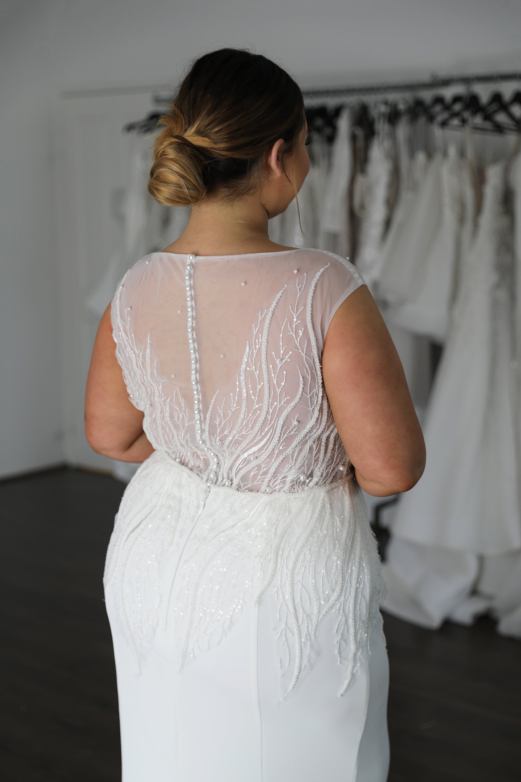 buttons down back of illusion top wedding dress