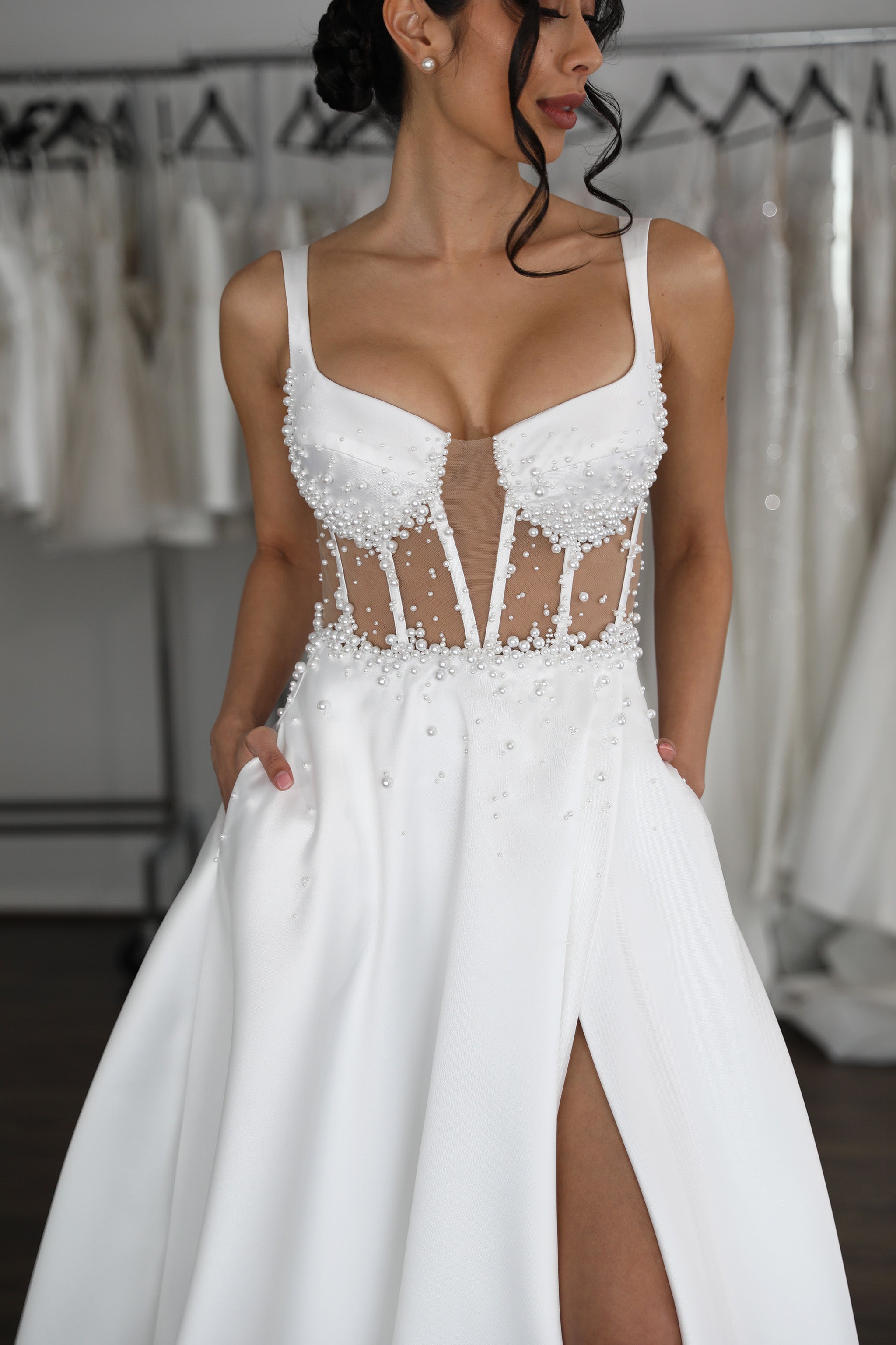 corset top wedding gown adorned with pearls