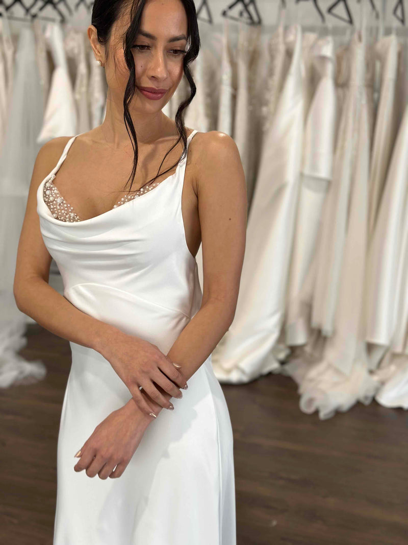 cowl front slip dress with pearl inserts