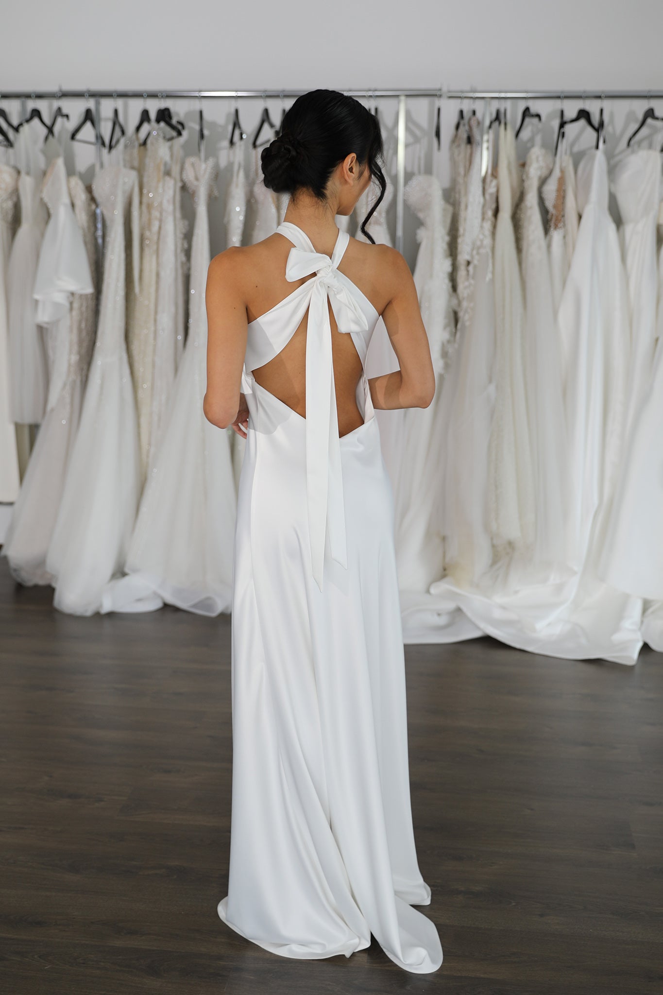 cross back bow tied wedding dress