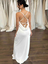 cross back ties with low cowl back on white slip dress