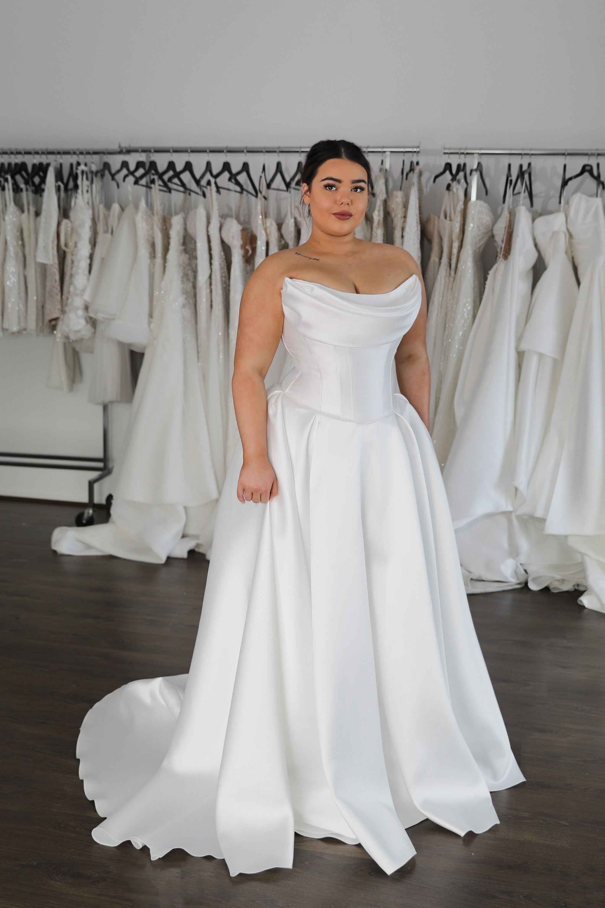 drape neck mikado wedding dress with full skirt