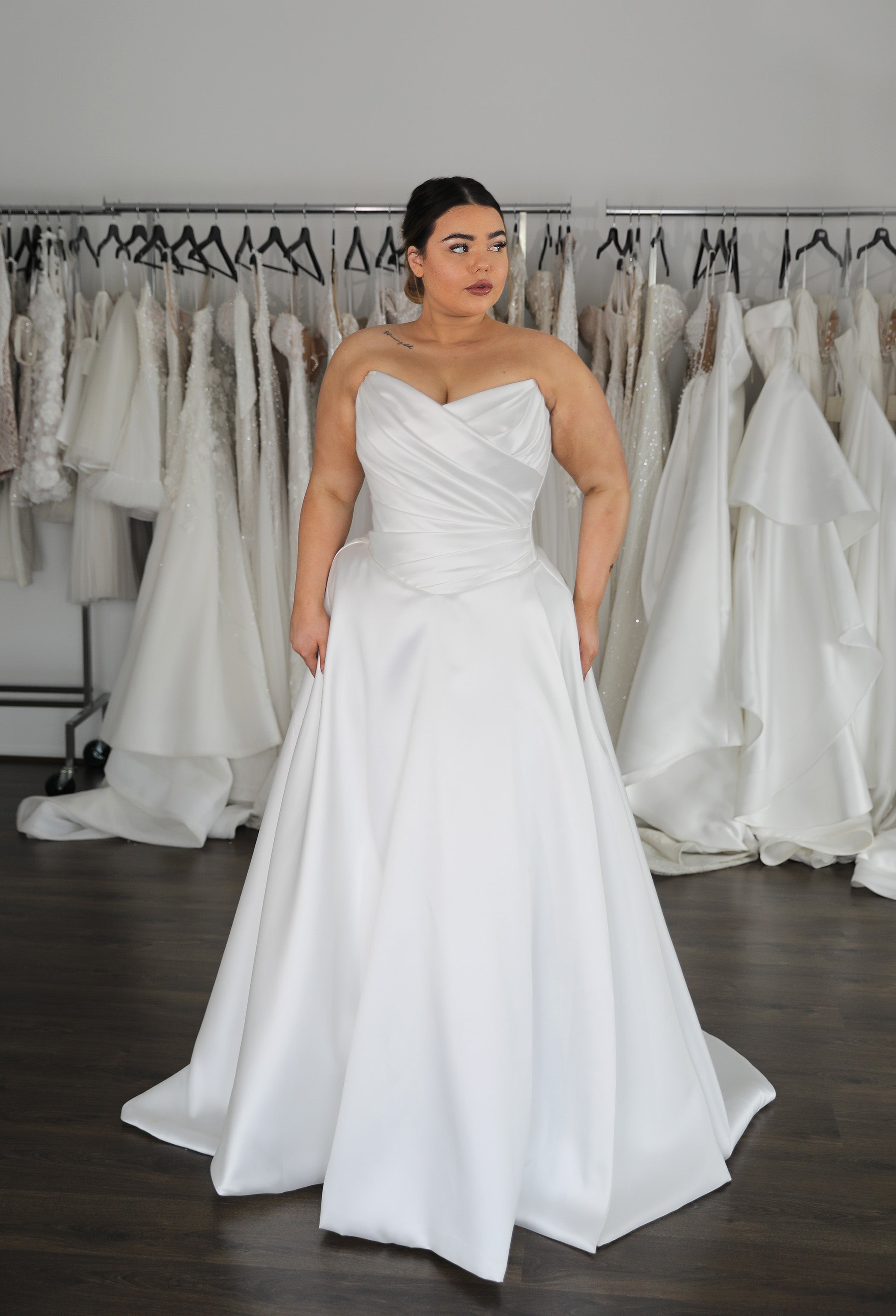 draped neck mikado drop waist wedding dress with flowing skirt