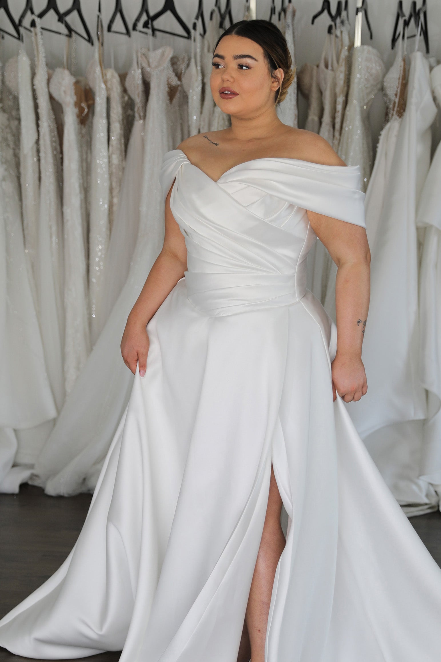 drop waist mikado gown with off the shoulder sleeves