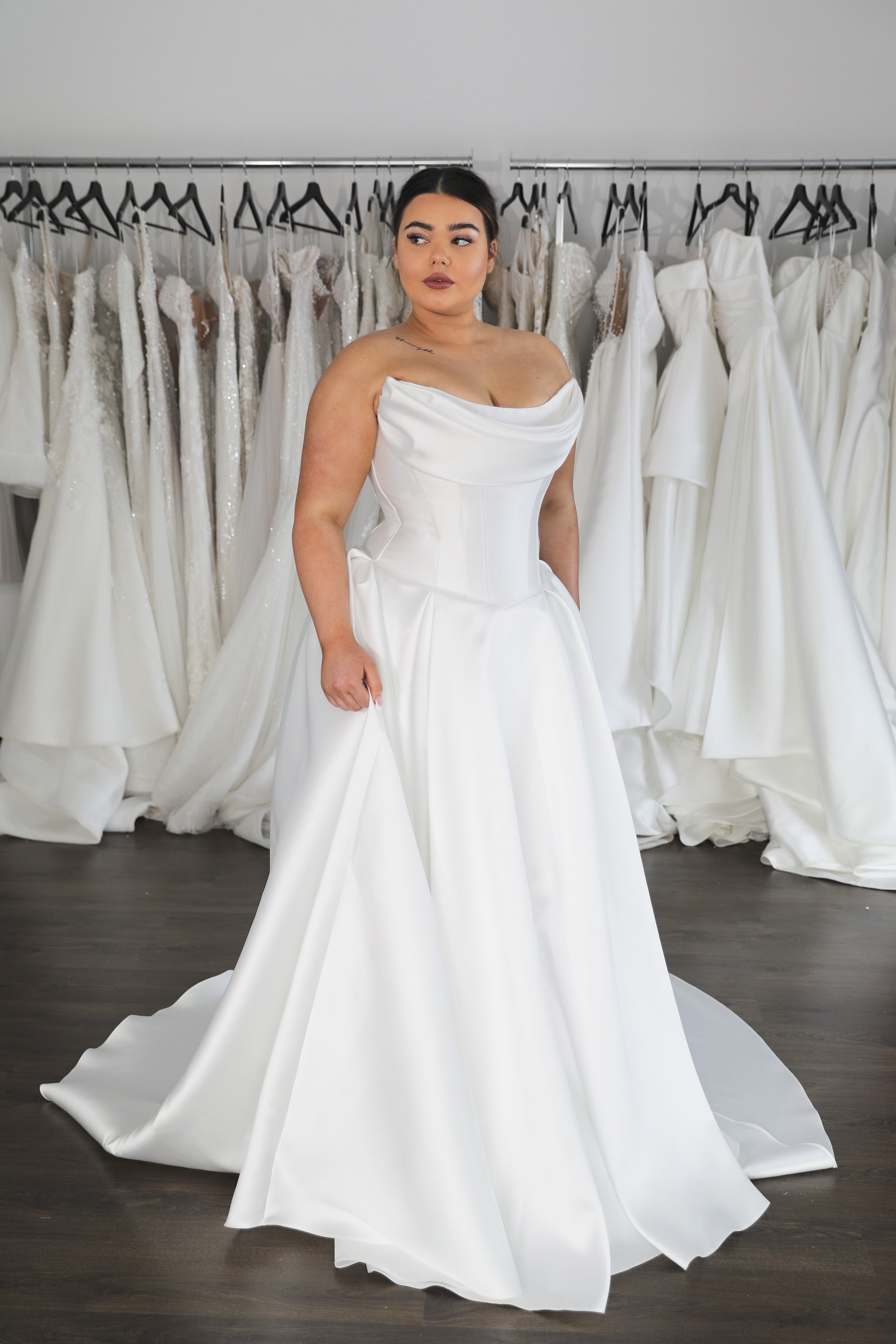 drop waist mikado wedding dress with draped neckline and full skirt