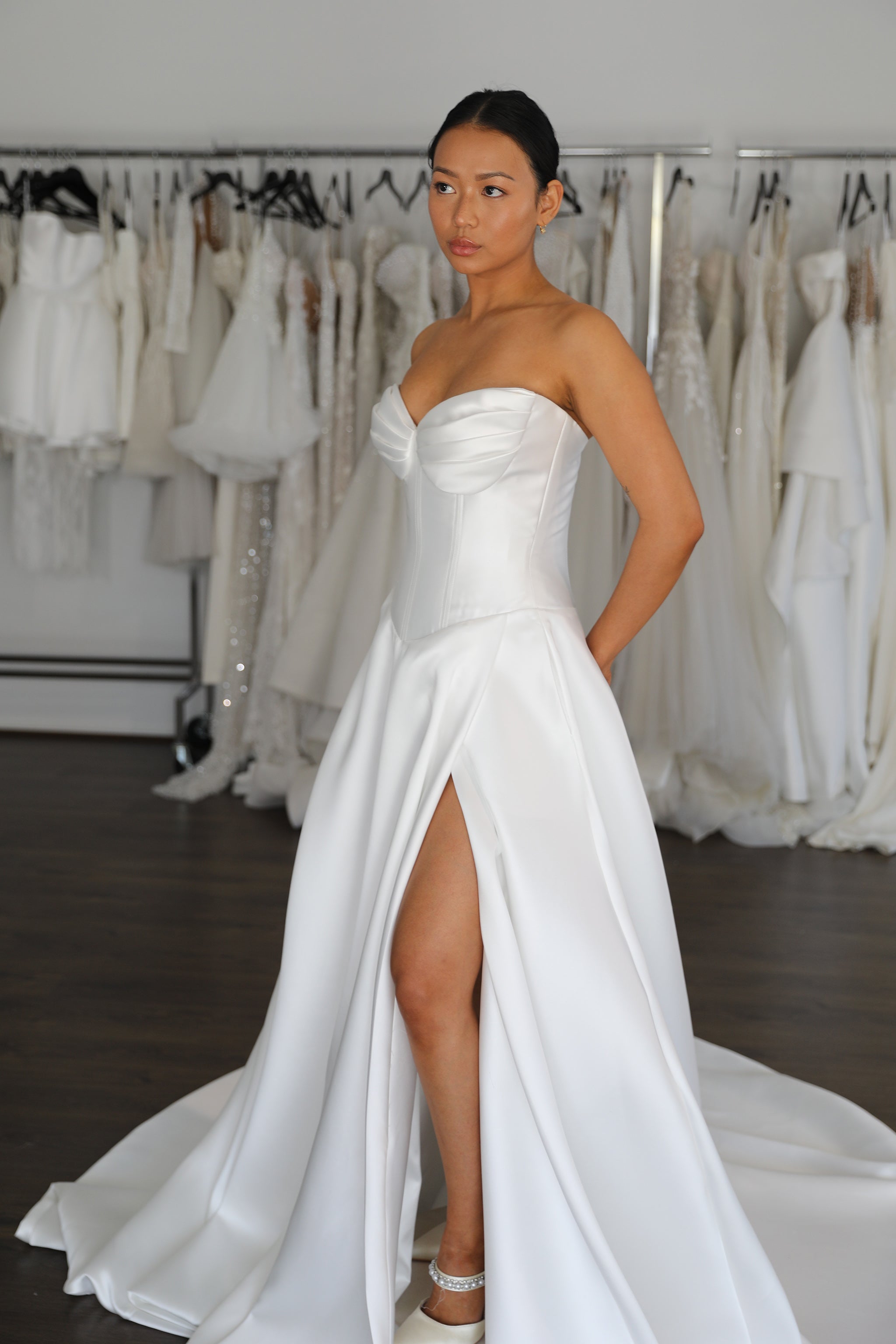 drop waist white bridal mikado wedding dress with full skirt