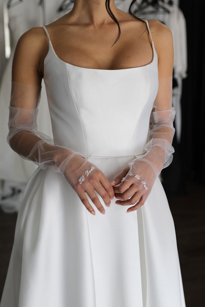 embroidered tulle gloves and white mikado gown