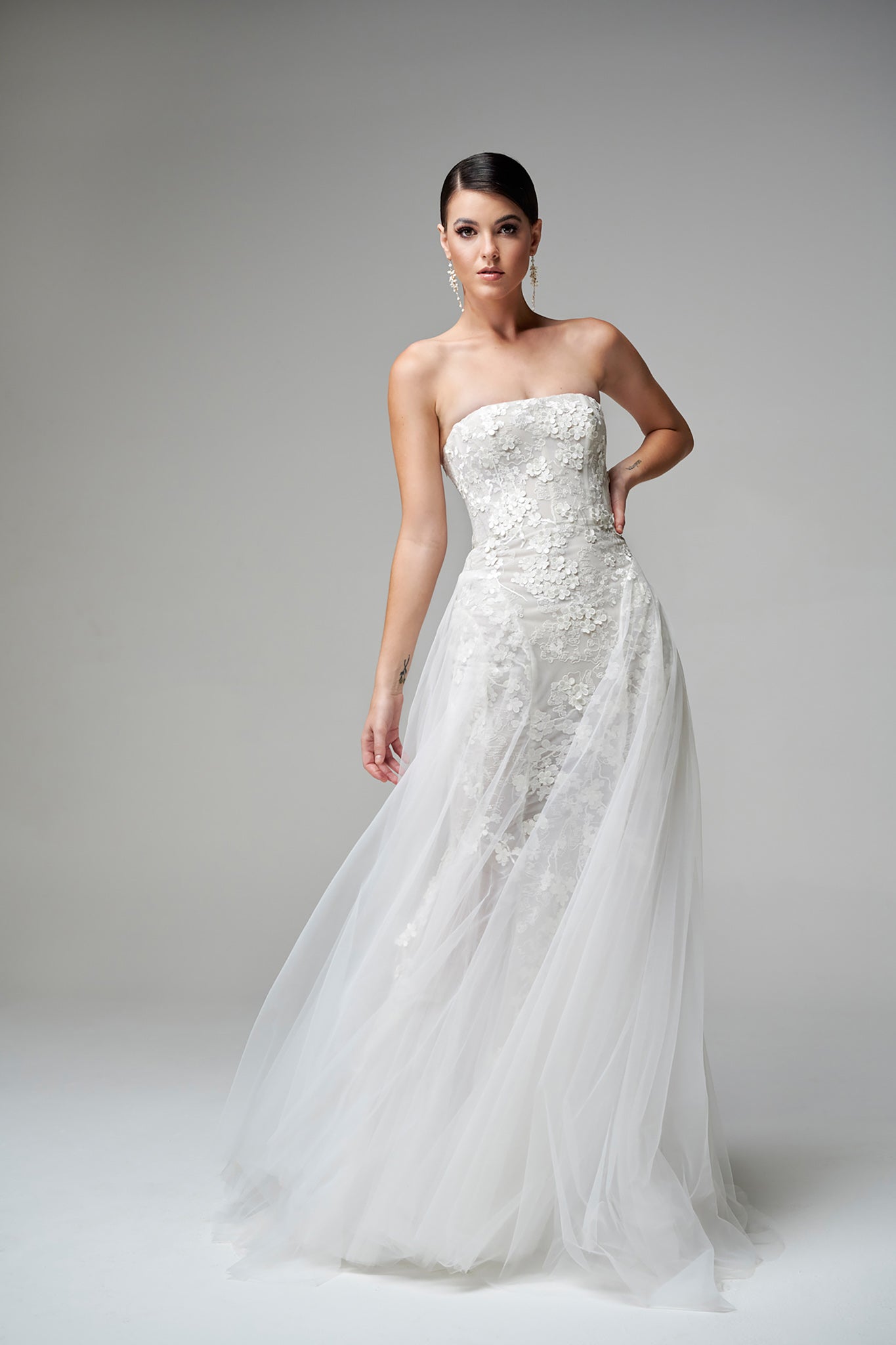 floral bridal gown with strapless neckline