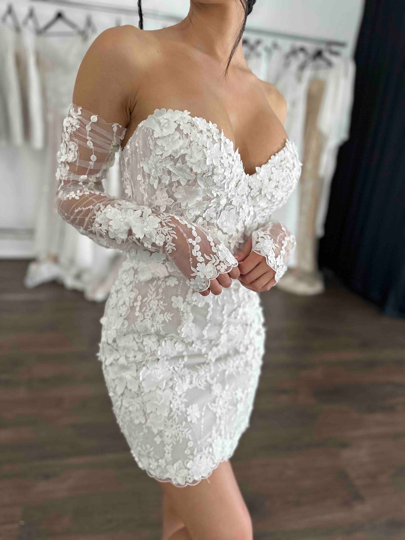 floral lace gloves and bridal mini