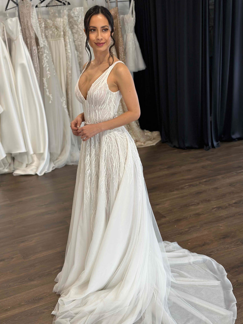 flowing vine lace wedding dress with v-neck