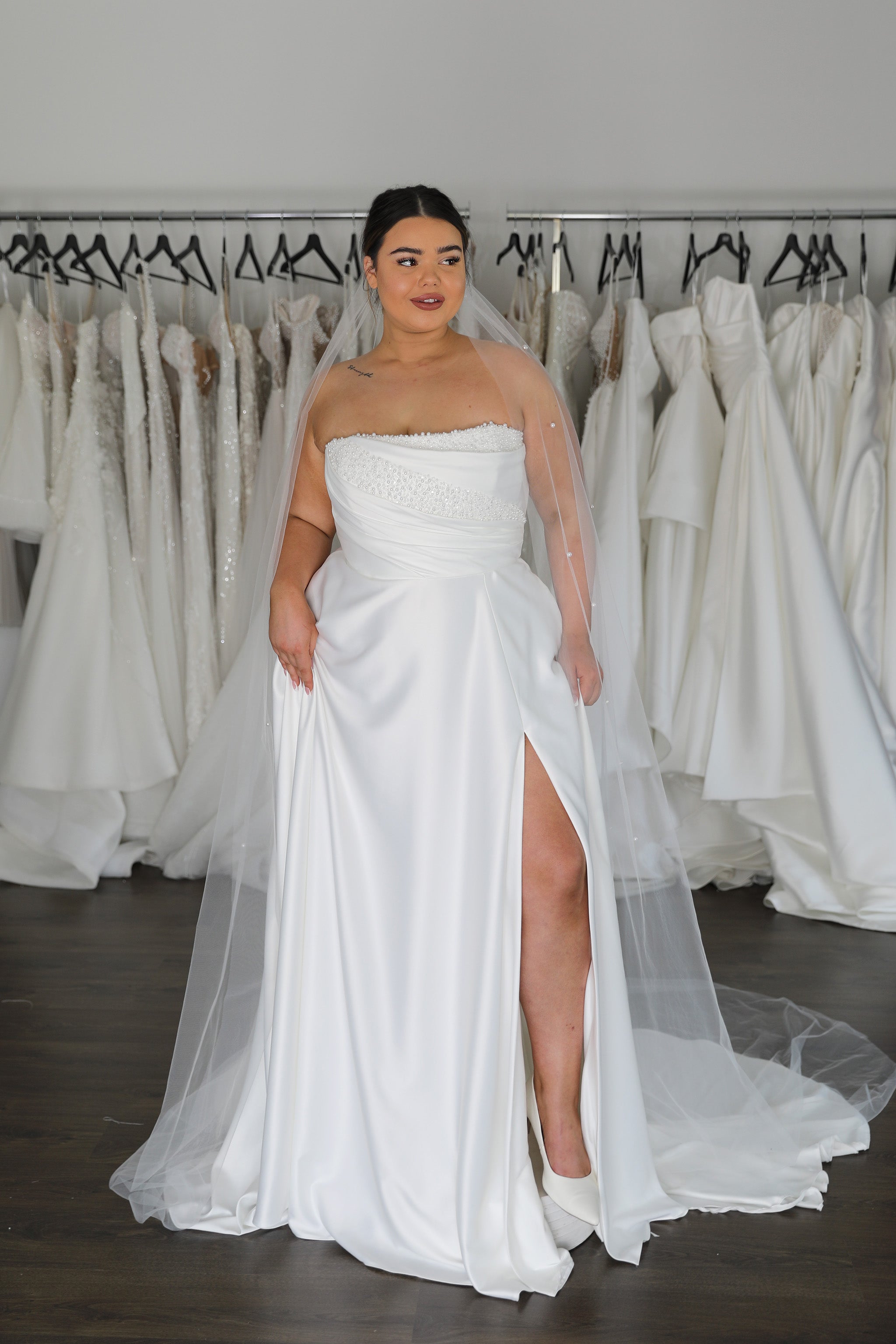 full length white mikado and pearl wedding dress